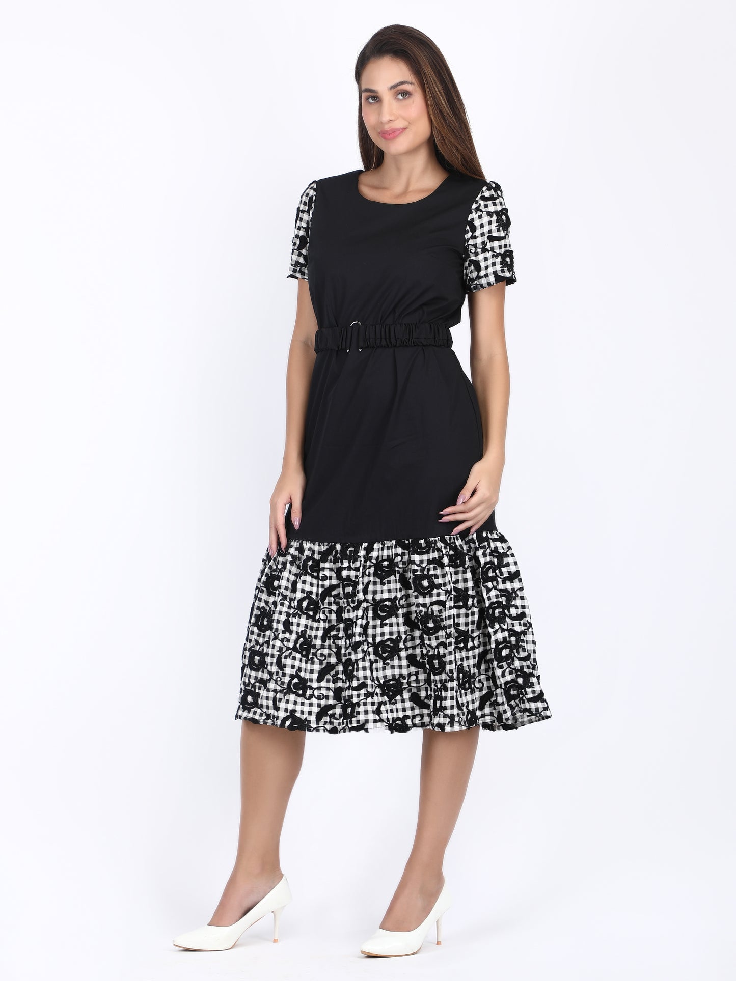 Ruffled Check Embroidered Midi Dress