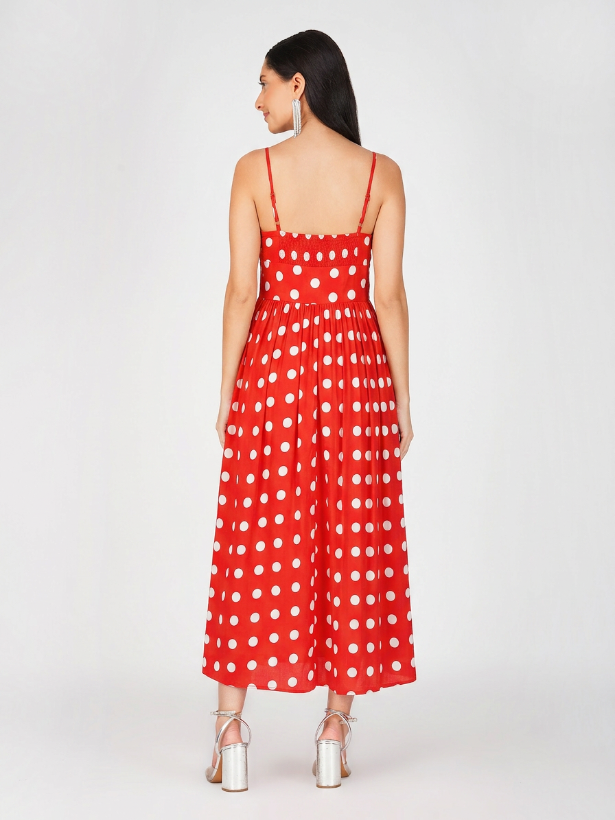 Classic Red Polka Dot Smocked Midi Dress
