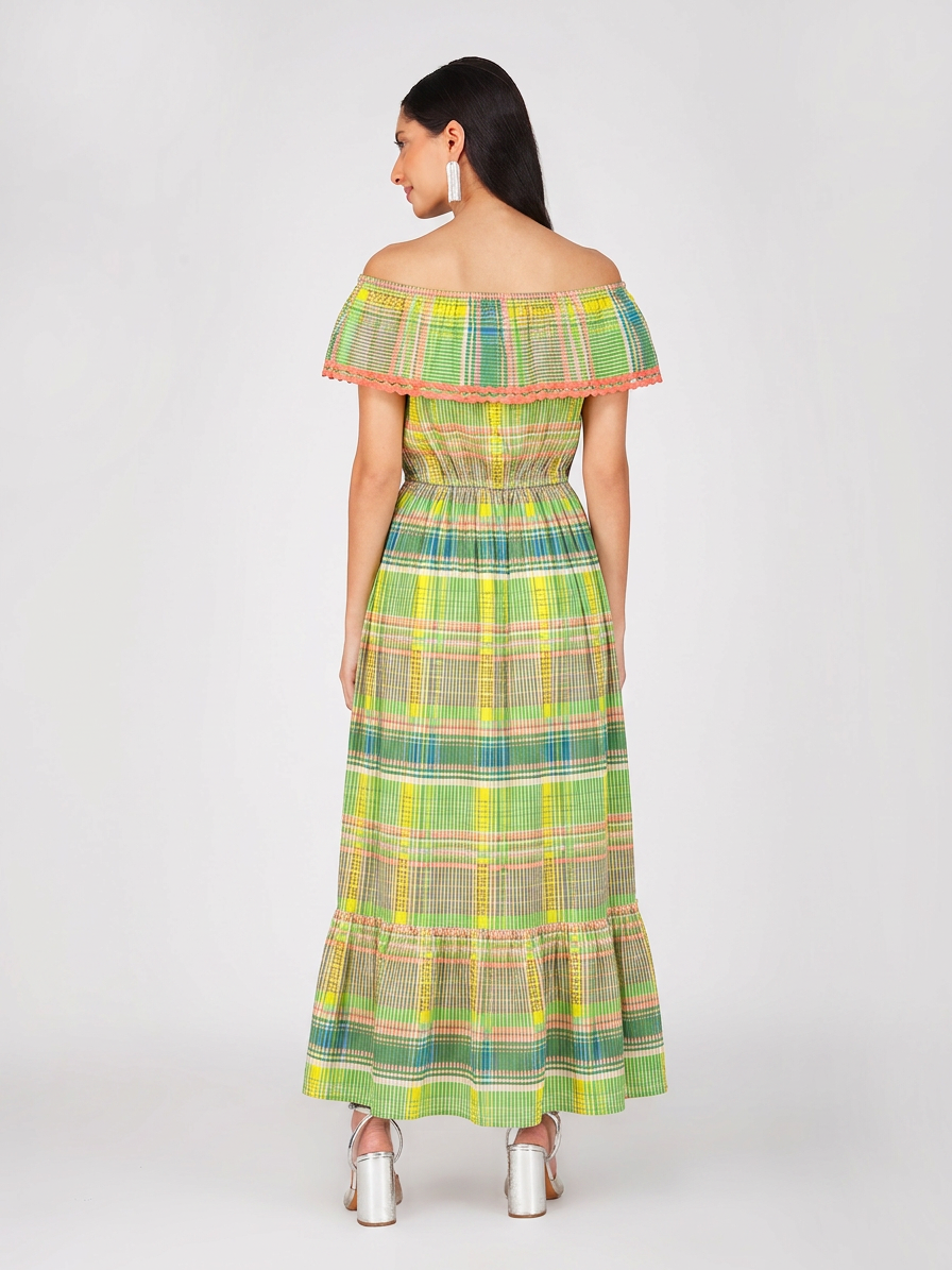 Off-Shoulder Plaid Maxi Dress