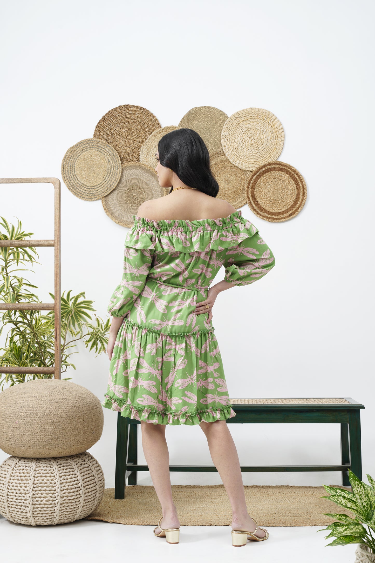 Dragonfly print off- shoulder dress