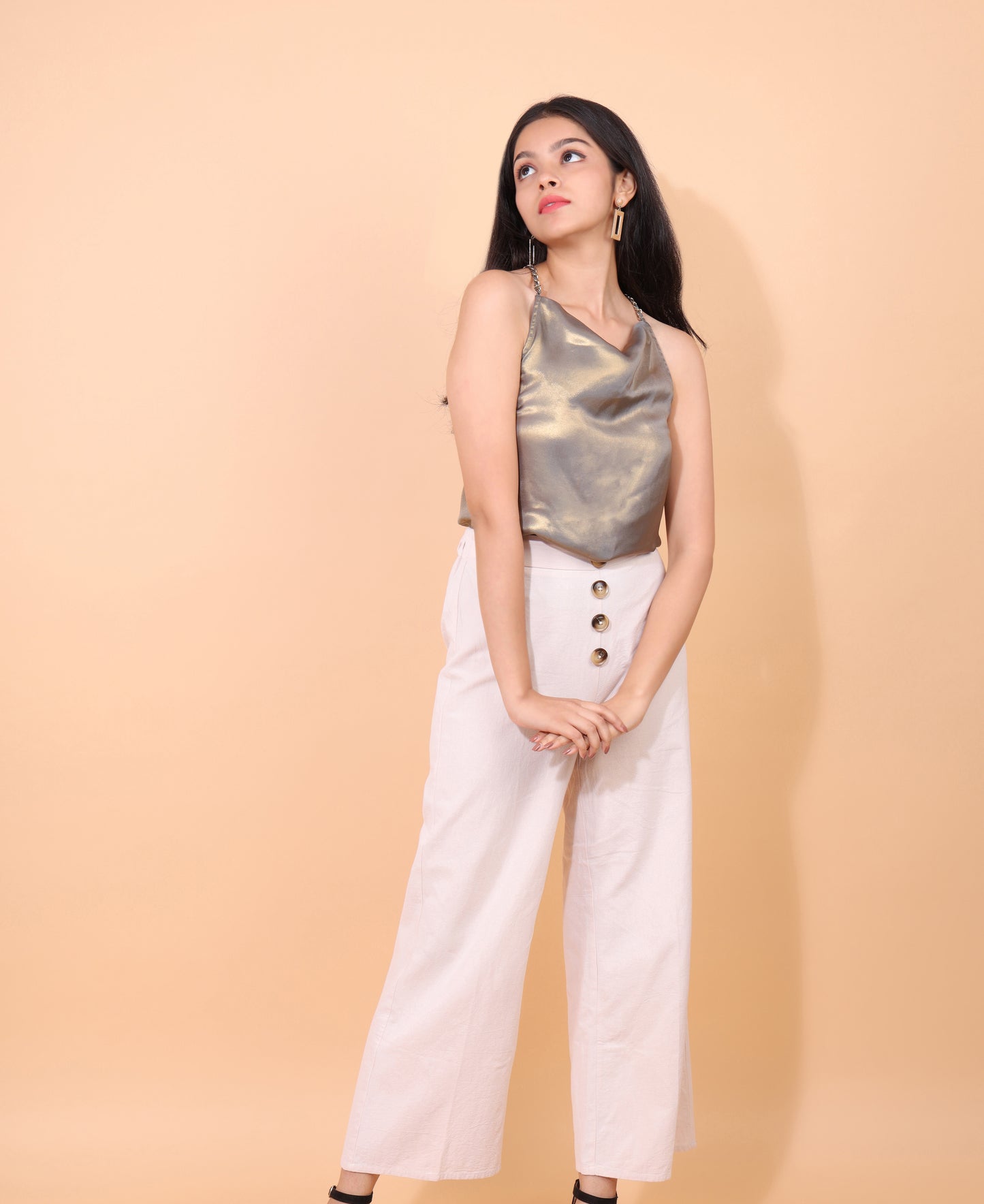 bronze chain top party top georgette criss cross strap detailing