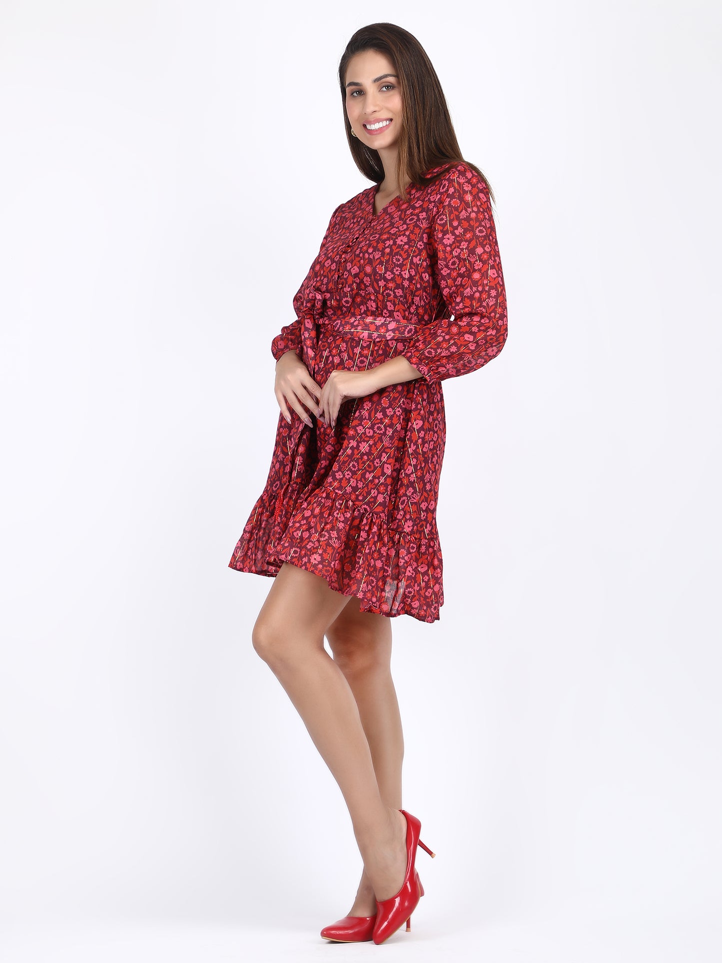 Red Floral Lurex Dress