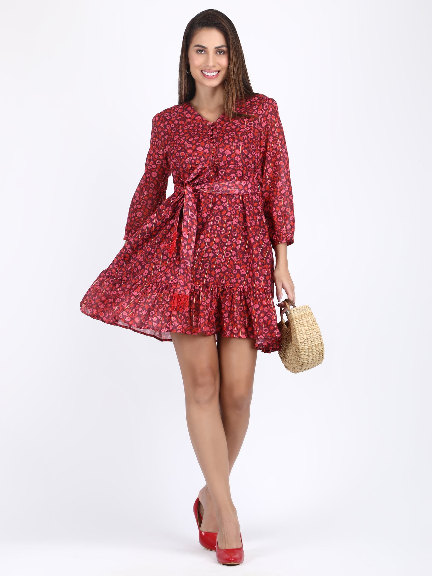 Red Floral Lurex Dress