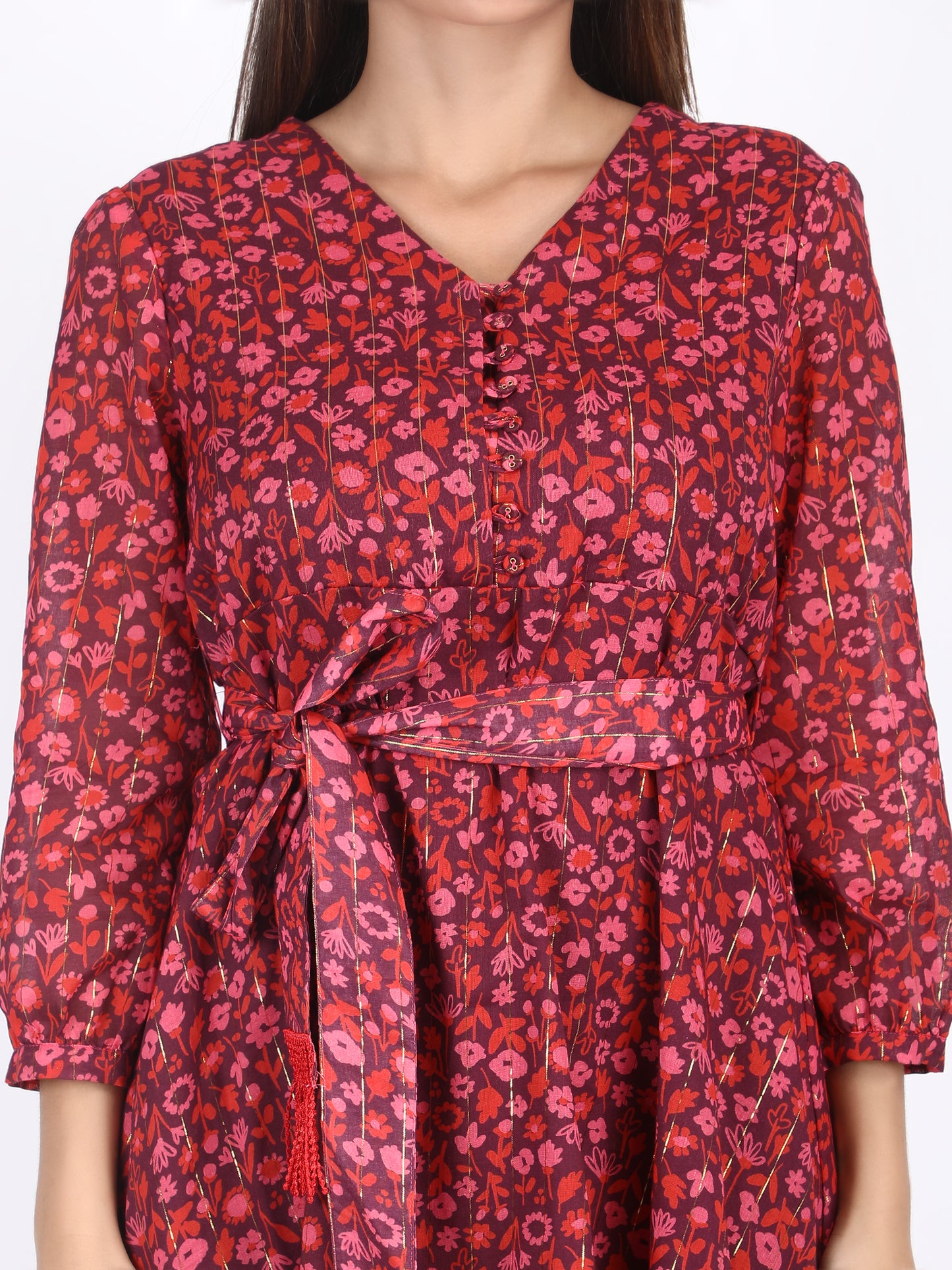 Red Floral Lurex Dress