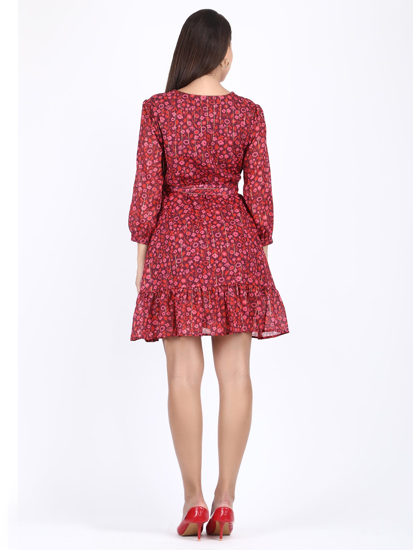 Red Floral Lurex Dress