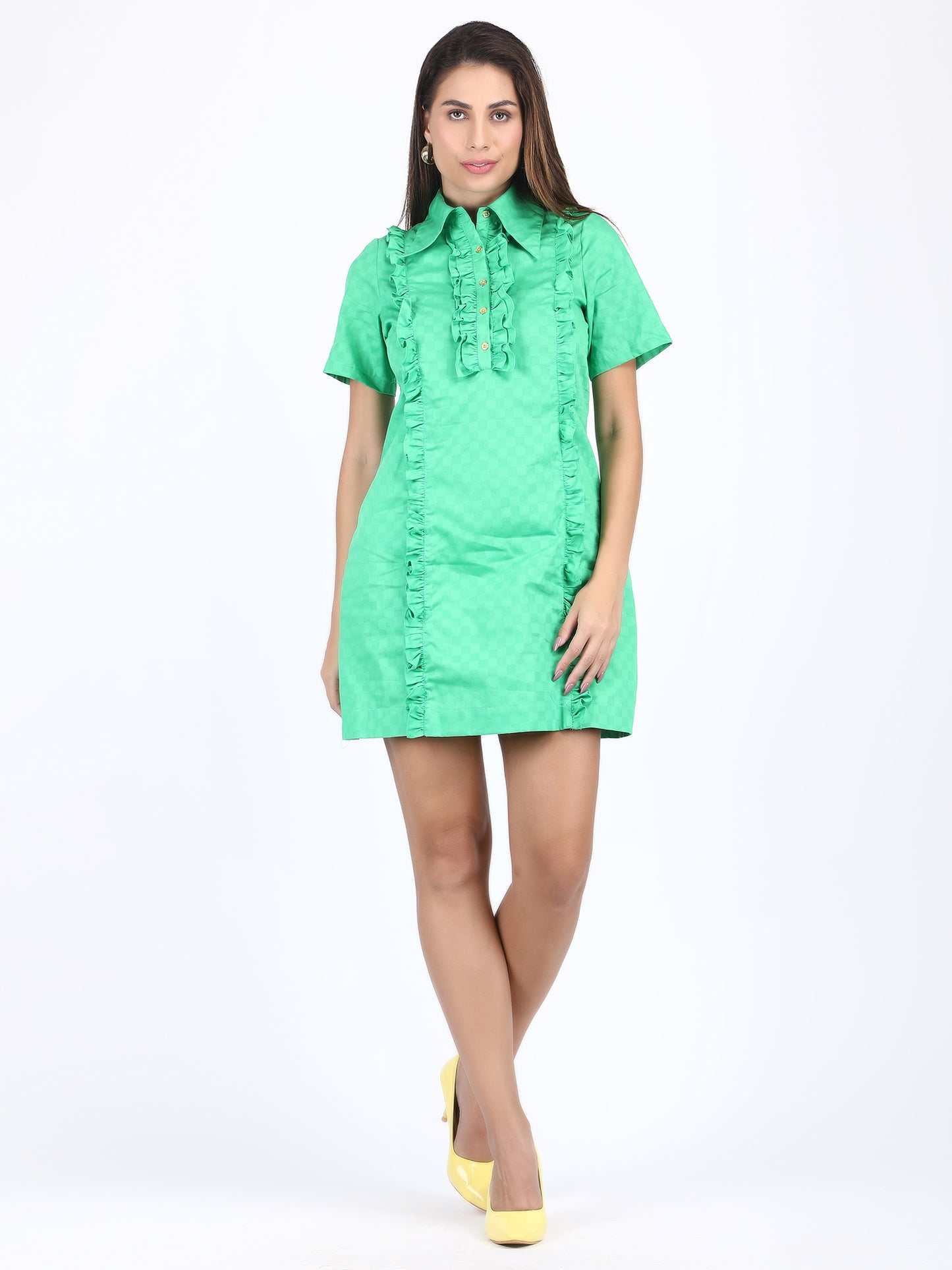 Green Frilled Short Shirt Dress