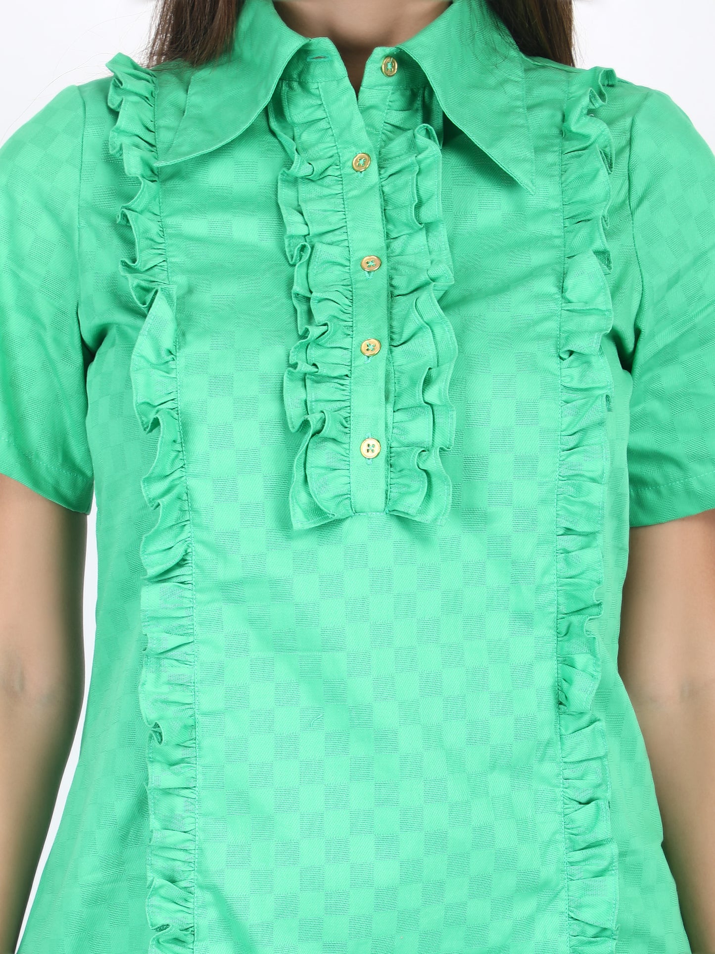 Green Frilled Short Shirt Dress