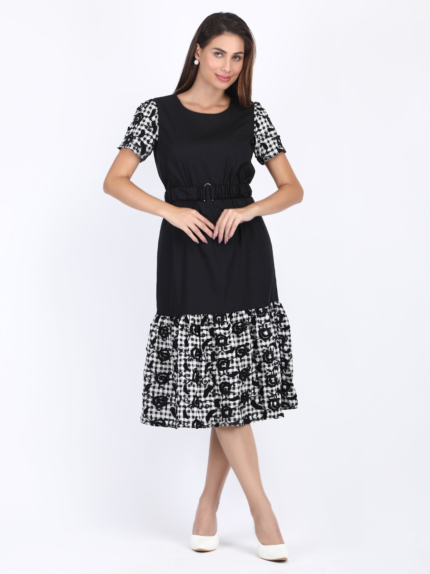 Ruffled Check Embroidered Midi Dress