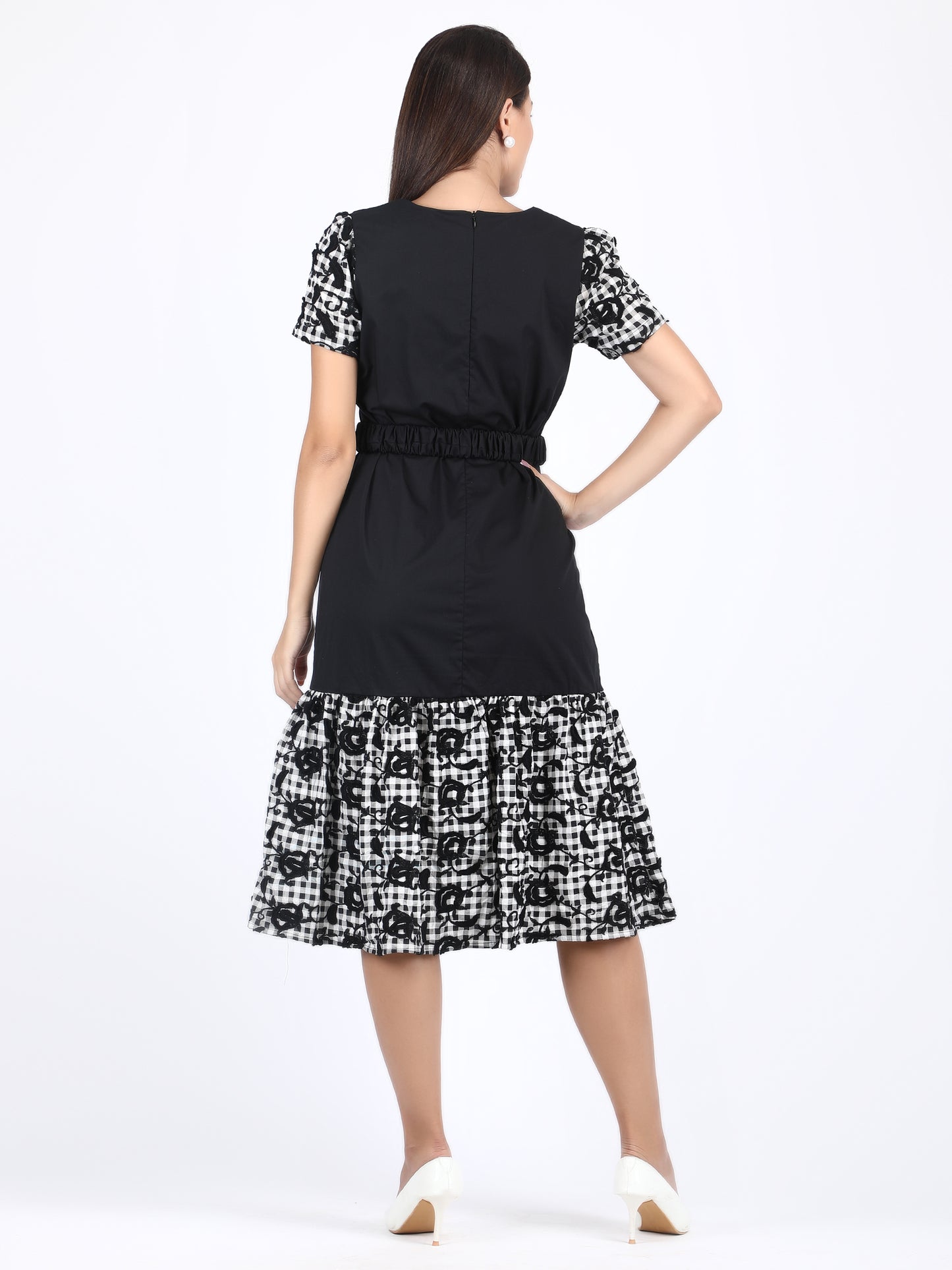 Ruffled Check Embroidered Midi Dress
