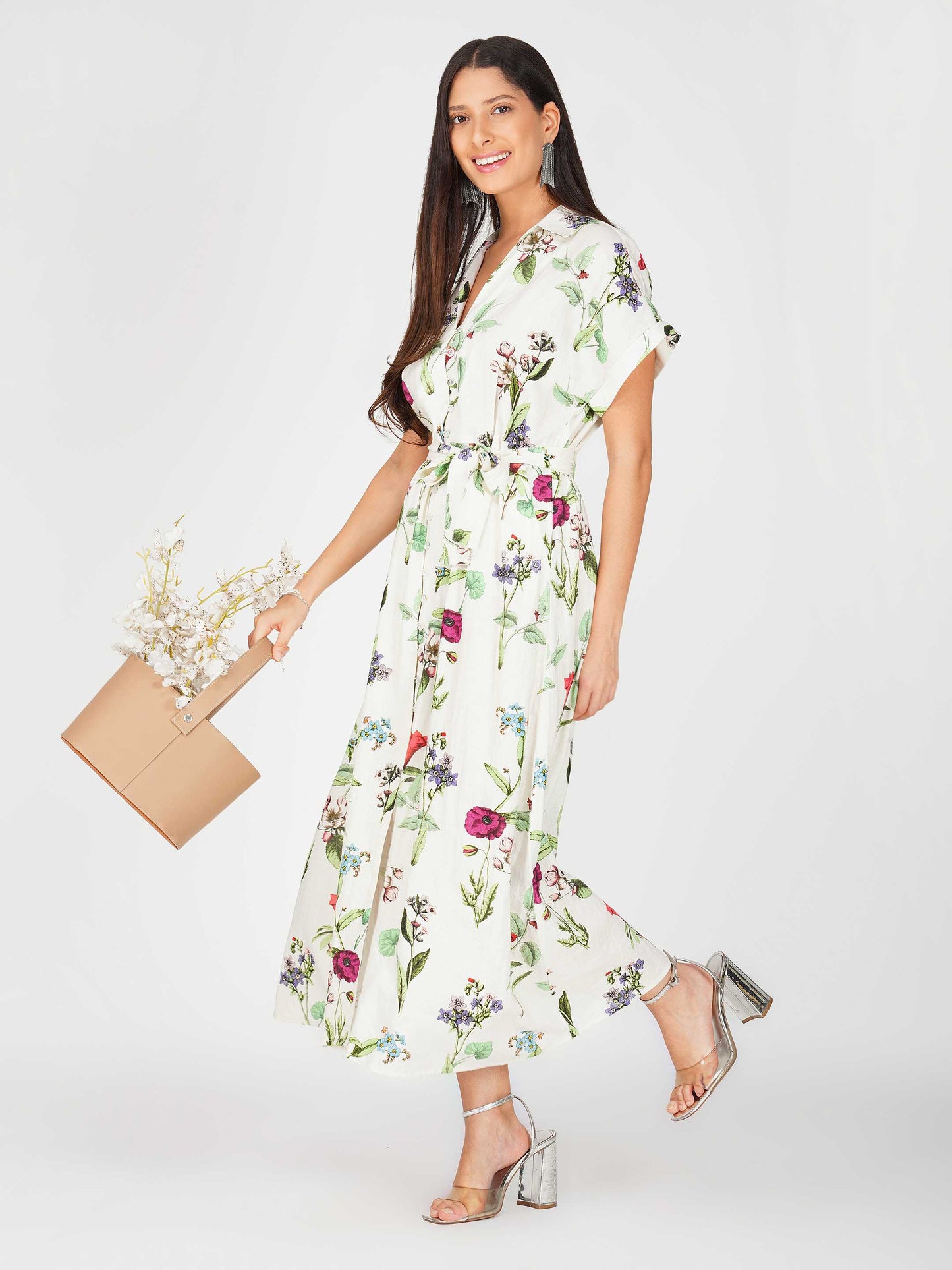 Printed Linen Midi Shirt Dress