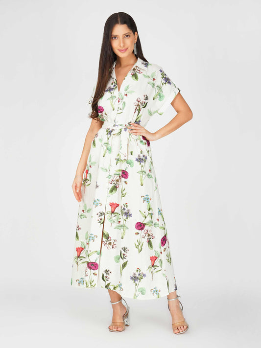 Printed Linen Midi Shirt Dress