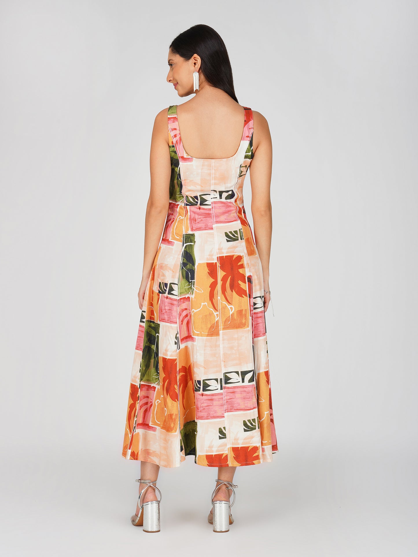 Printed Topstitched Fit & Flare Midi Dress