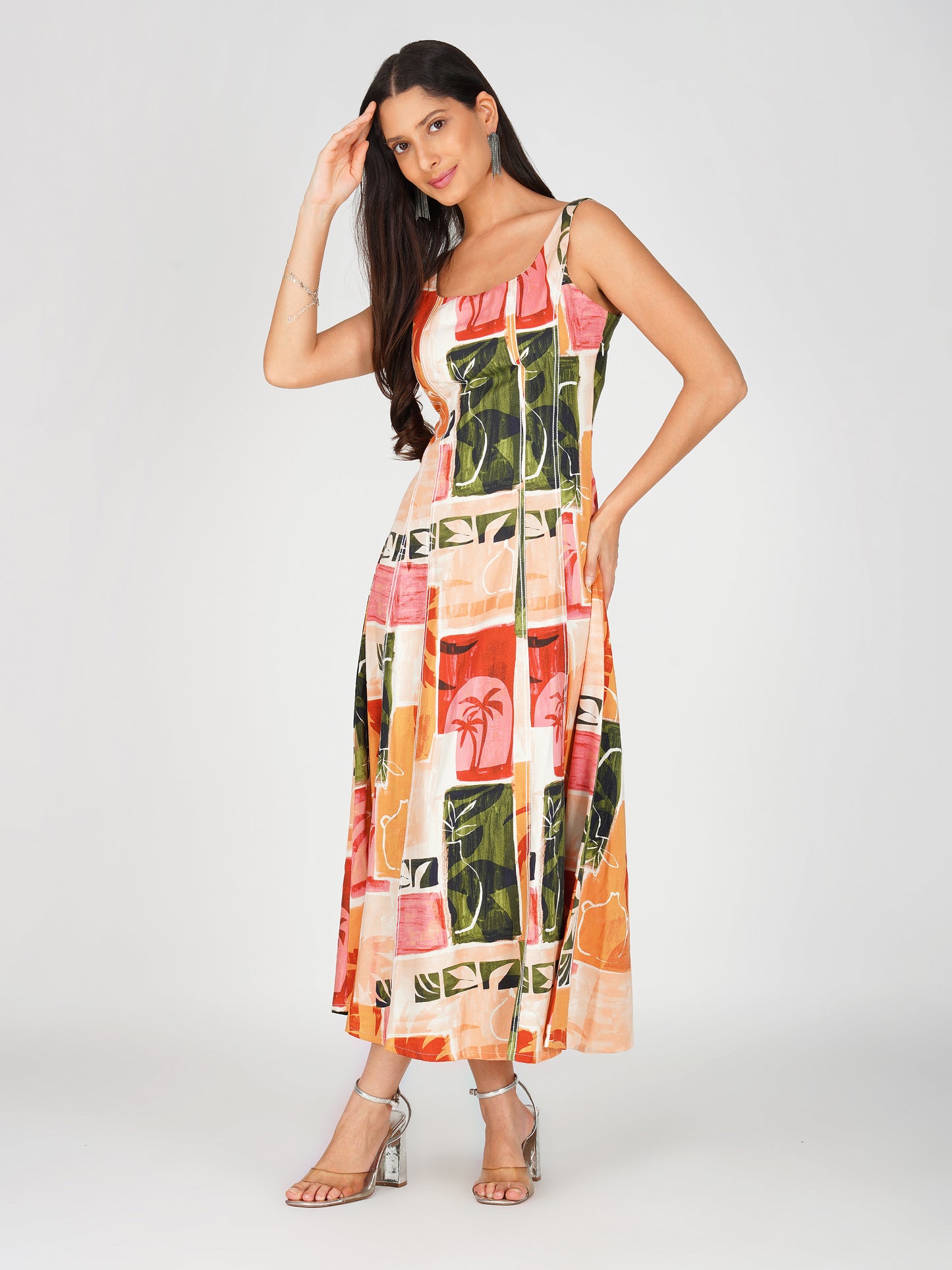 Printed Topstitched Fit & Flare Midi Dress