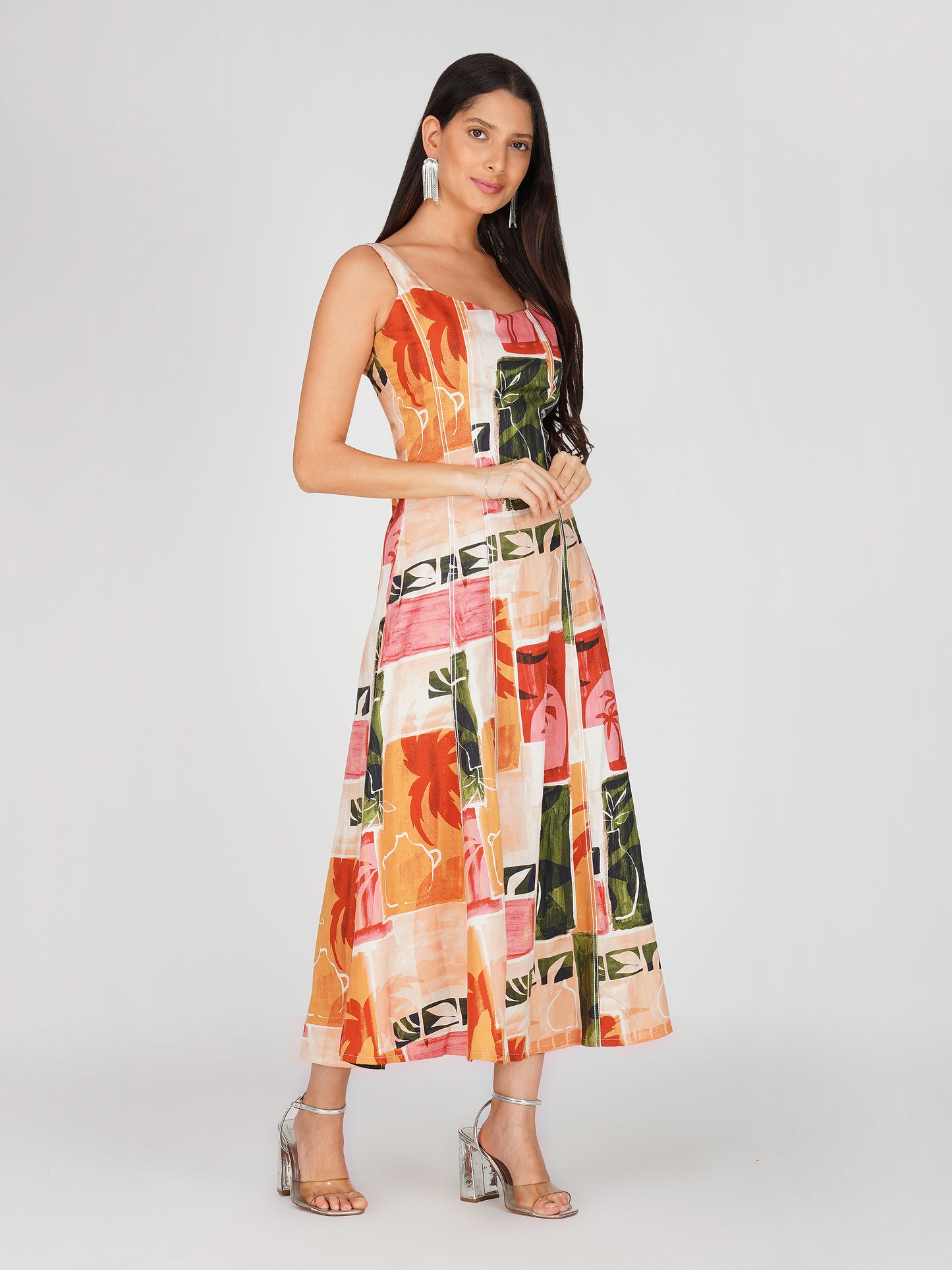 Printed Topstitched Fit & Flare Midi Dress