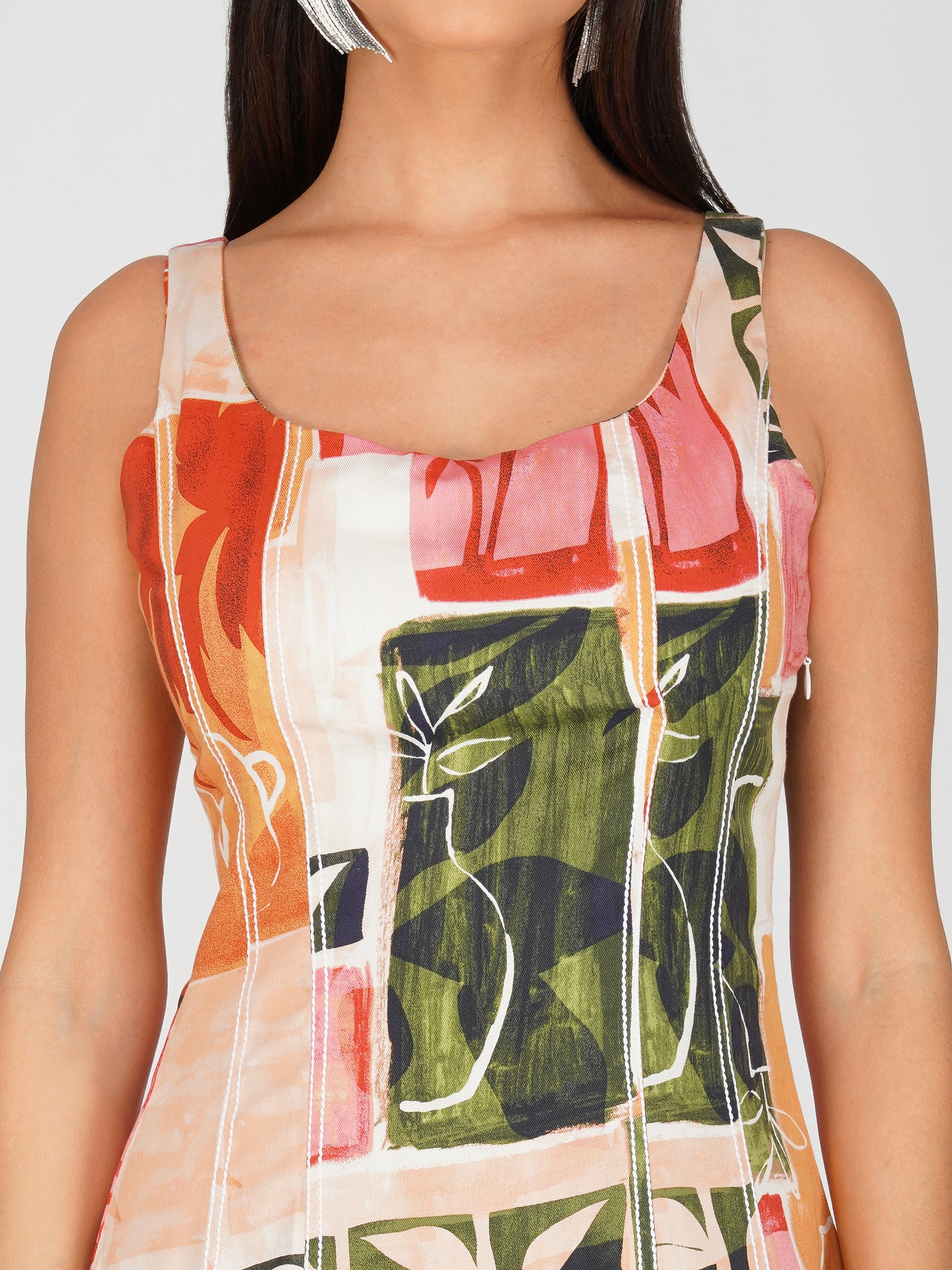 Printed Topstitched Fit & Flare Midi Dress