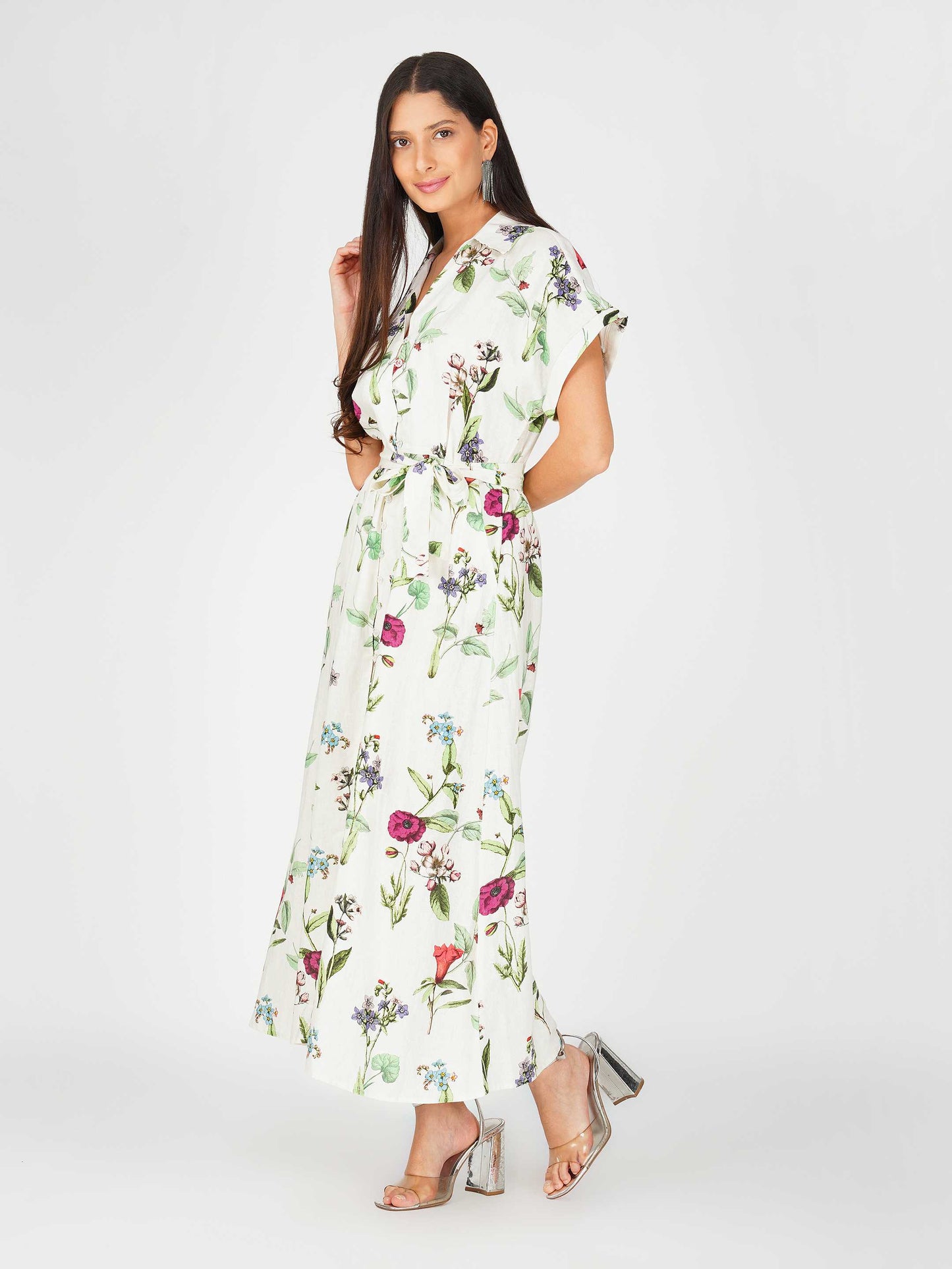 Printed Linen Midi Shirt Dress