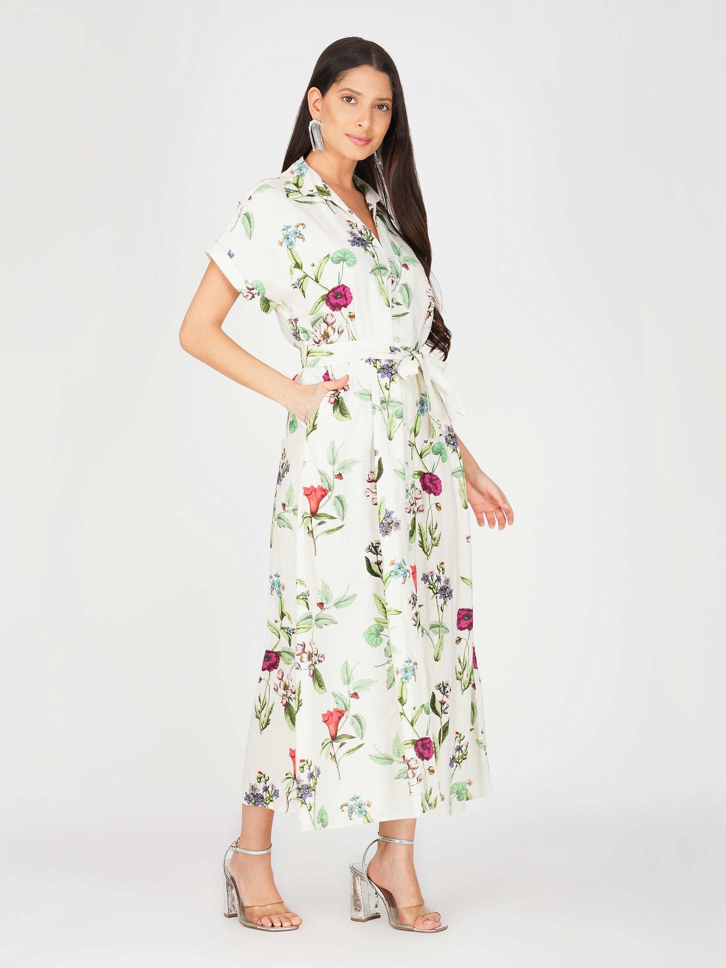 Printed Linen Midi Shirt Dress