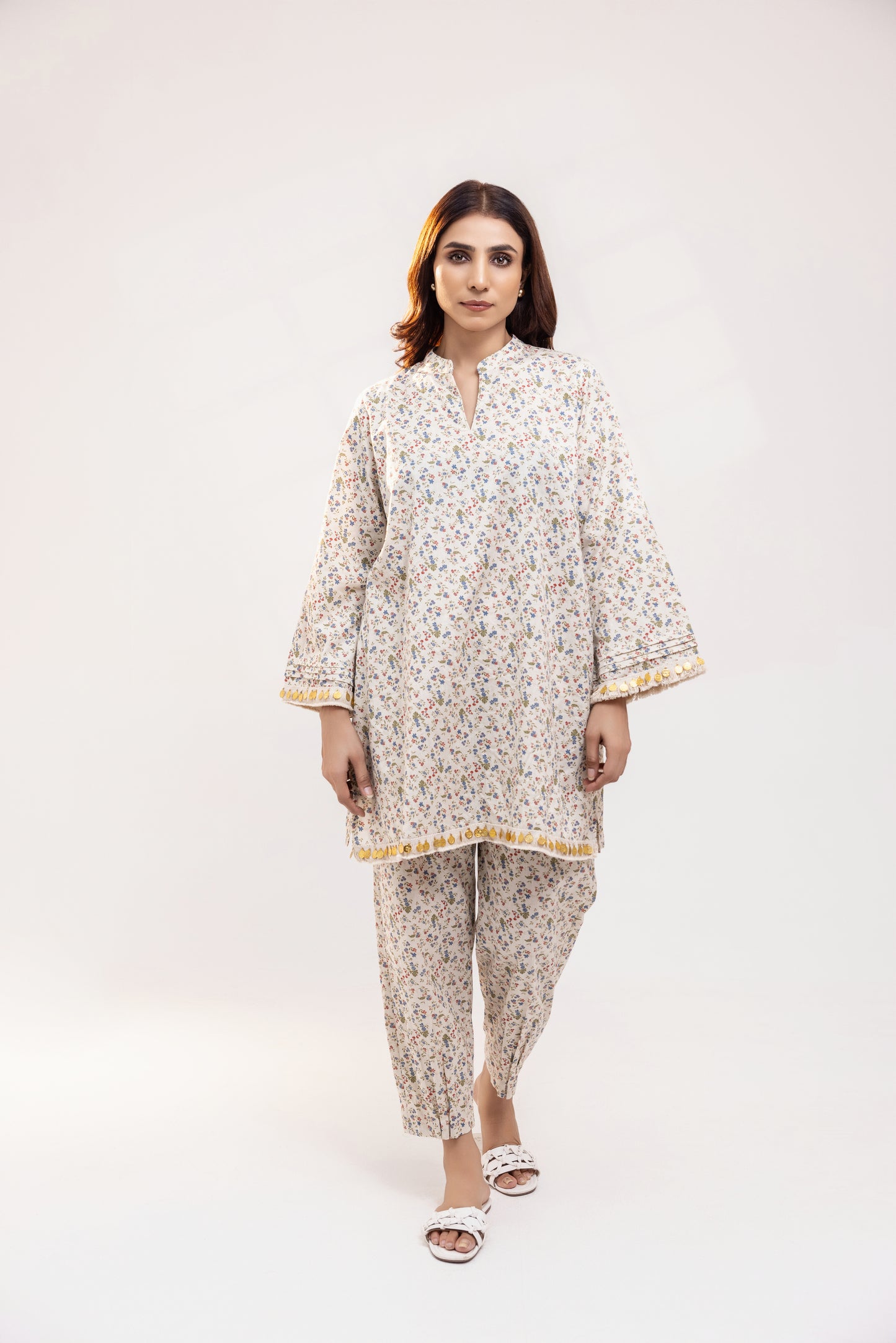 Beige Floral Linen Co-ord Set