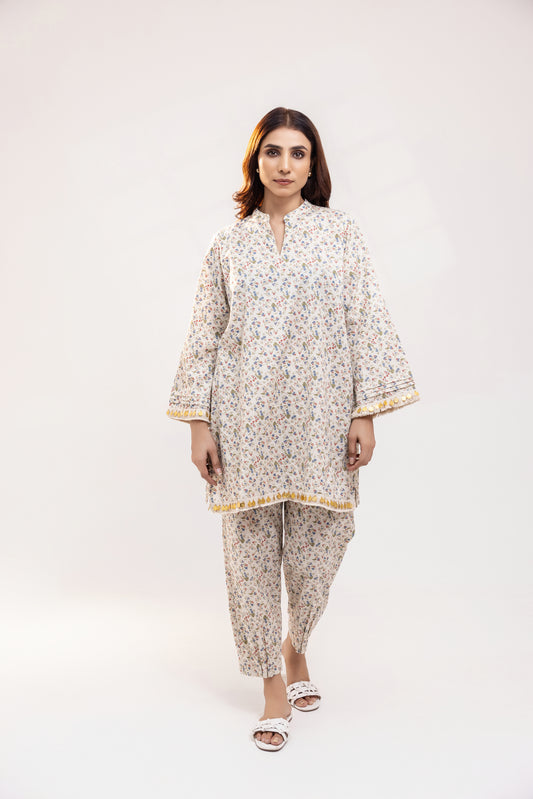 Beige Floral Linen Co-ord Set