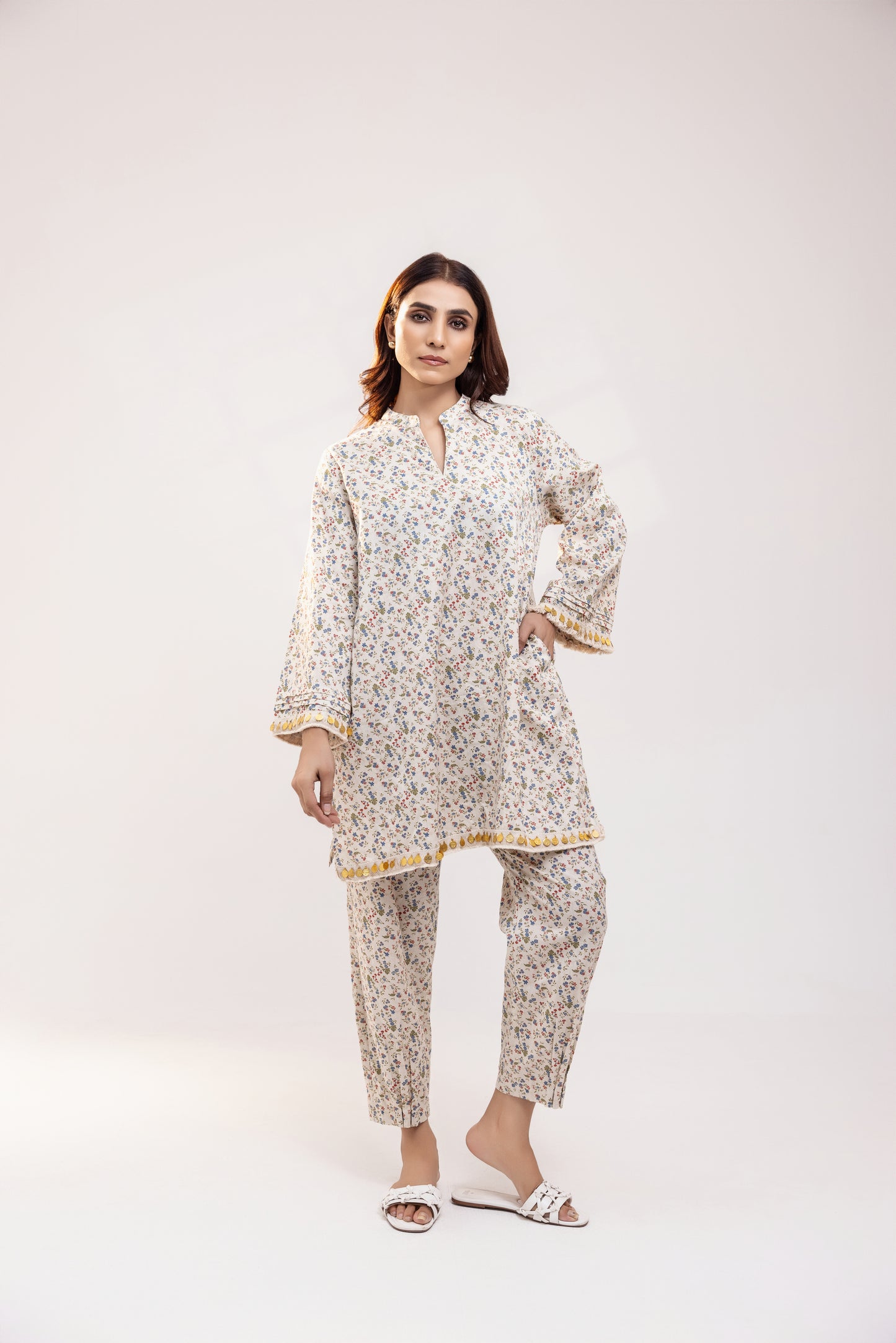 Beige Floral Linen Co-ord Set