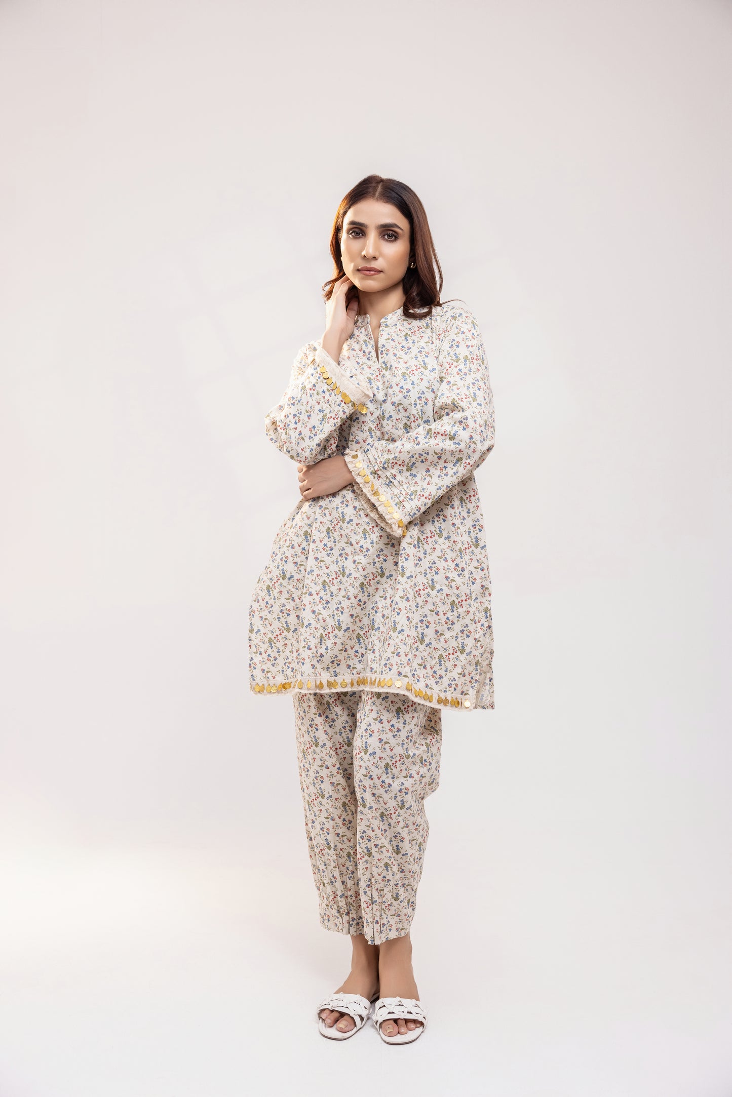 Beige Floral Linen Co-ord Set