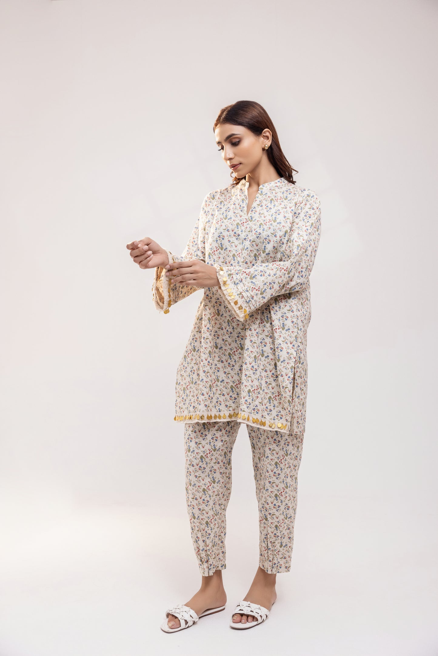 Beige Floral Linen Co-ord Set