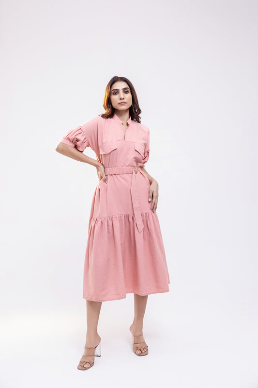 Coral Ruffled Midi Dress