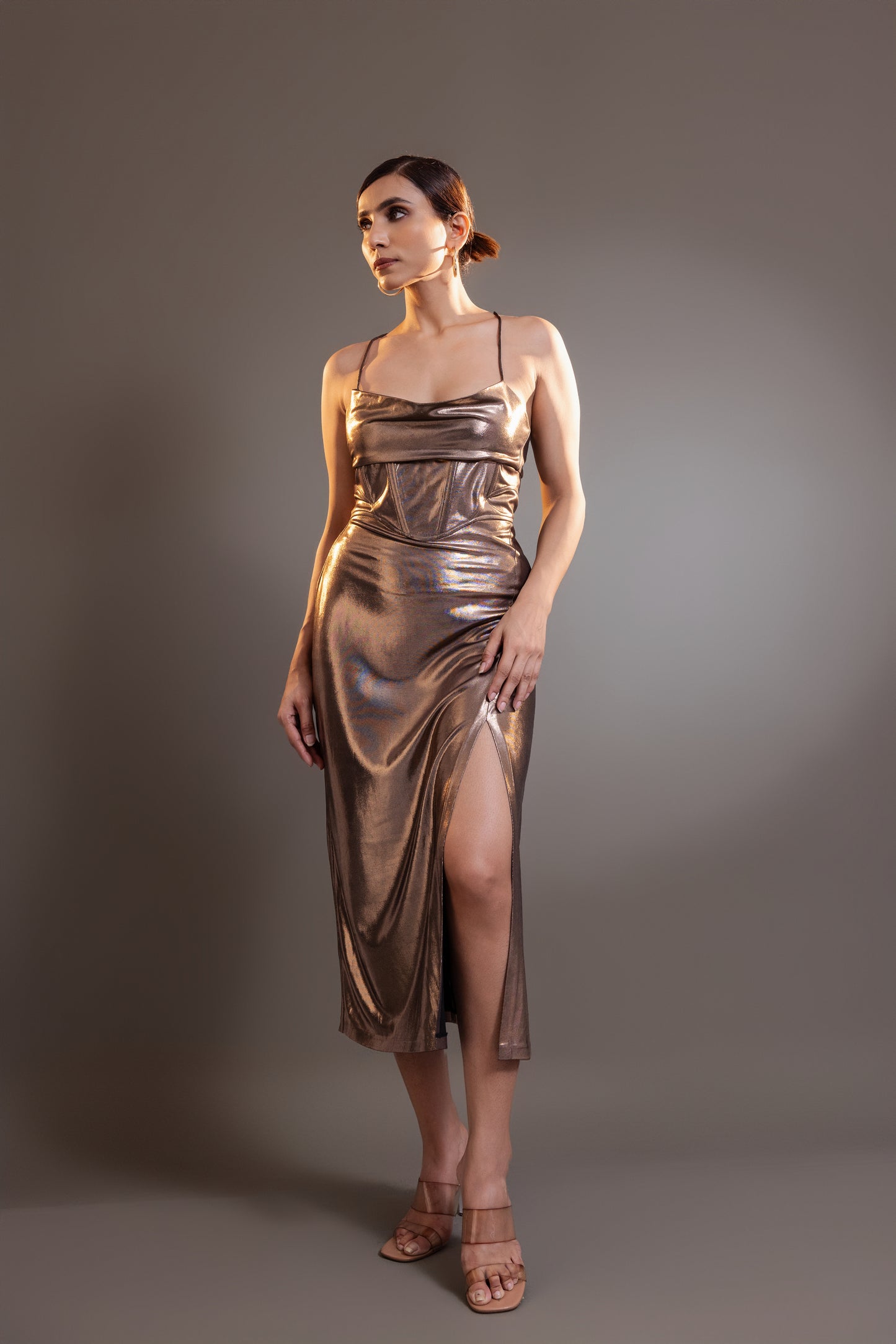 Bronze Corsetry-Inspired Midi Dress