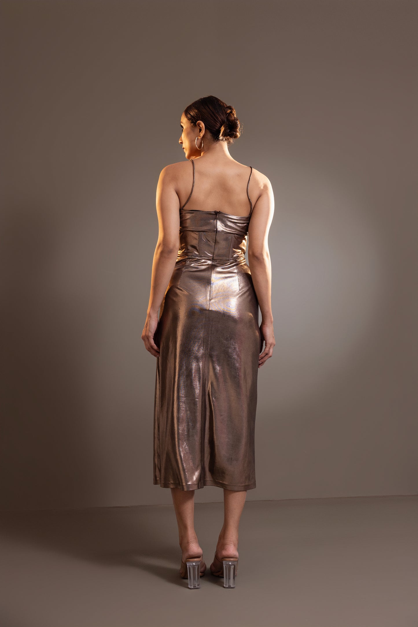 Bronze Corsetry-Inspired Midi Dress