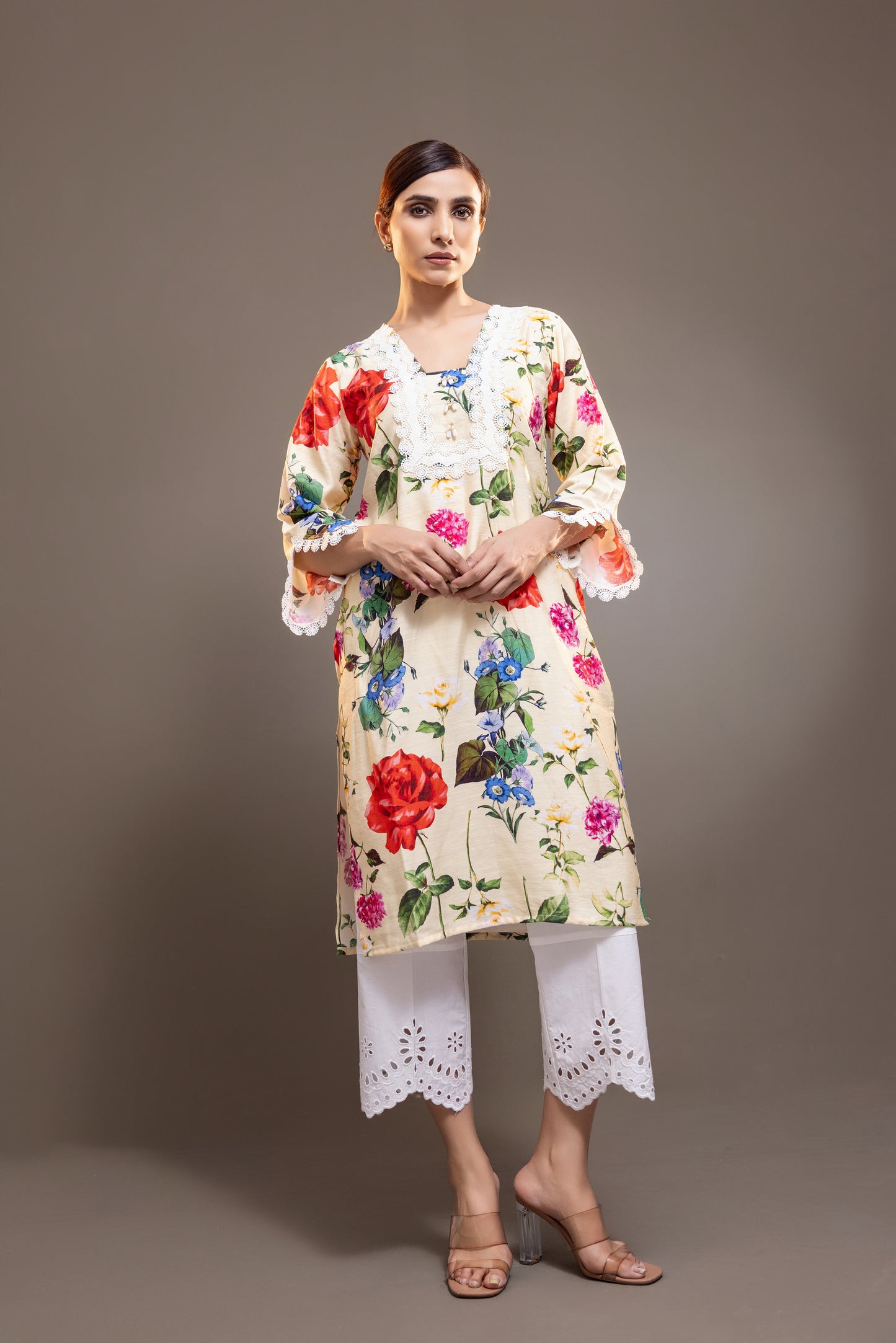 Yellow Floral Kurta With Pants Set
