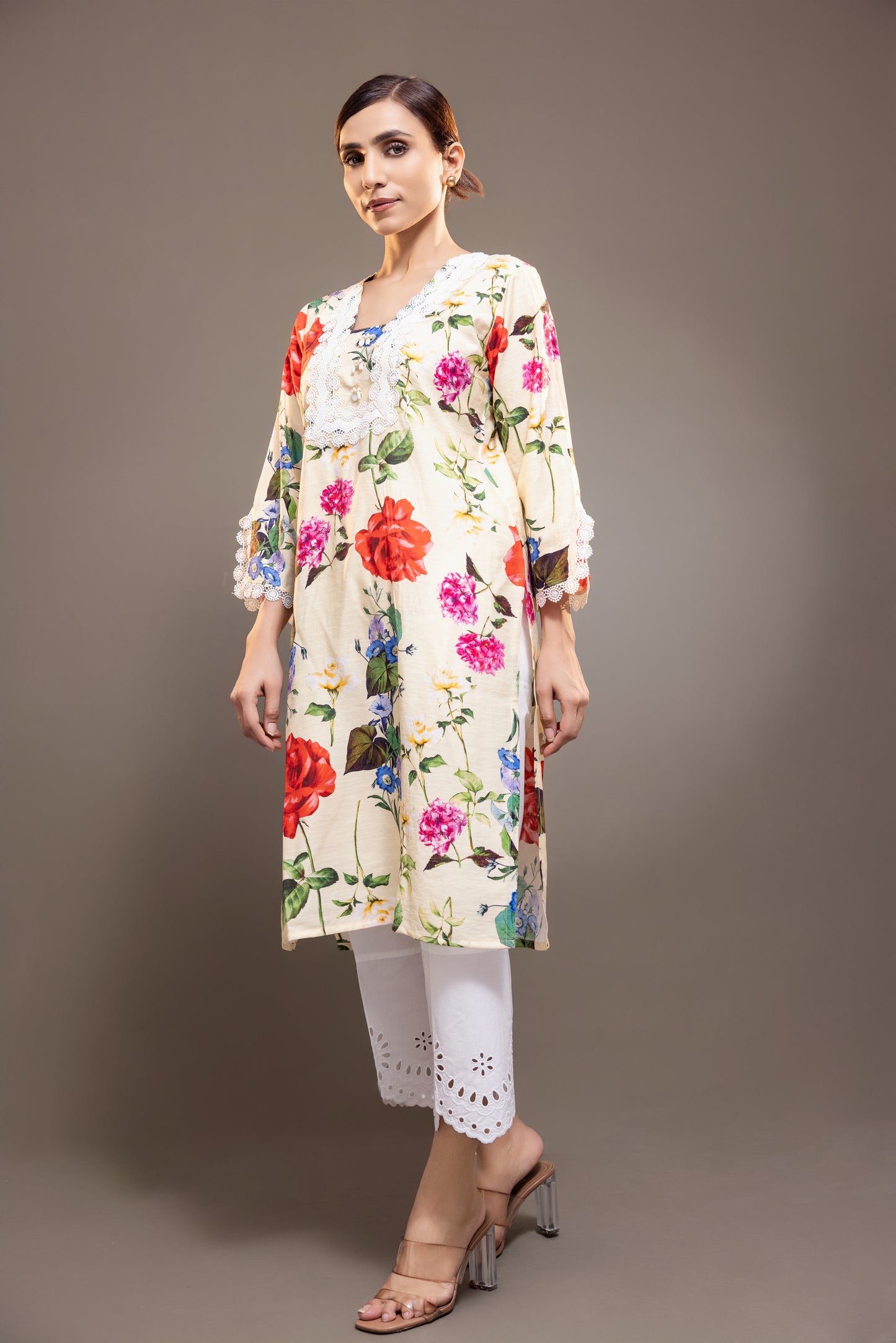Yellow Floral Kurta With Pants Set