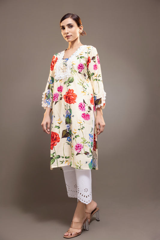 Yellow Floral Kurta With Pants Set
