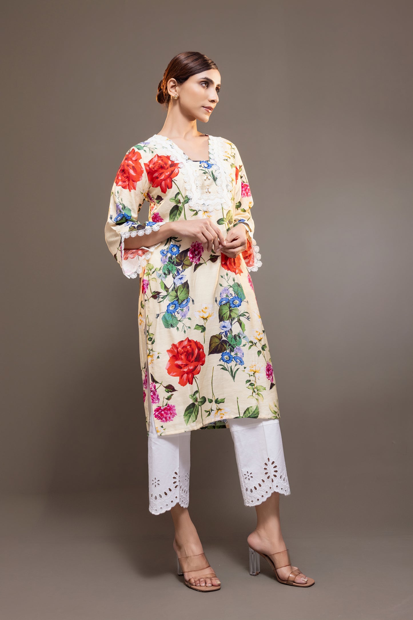 Yellow Floral Kurta With Pants Set