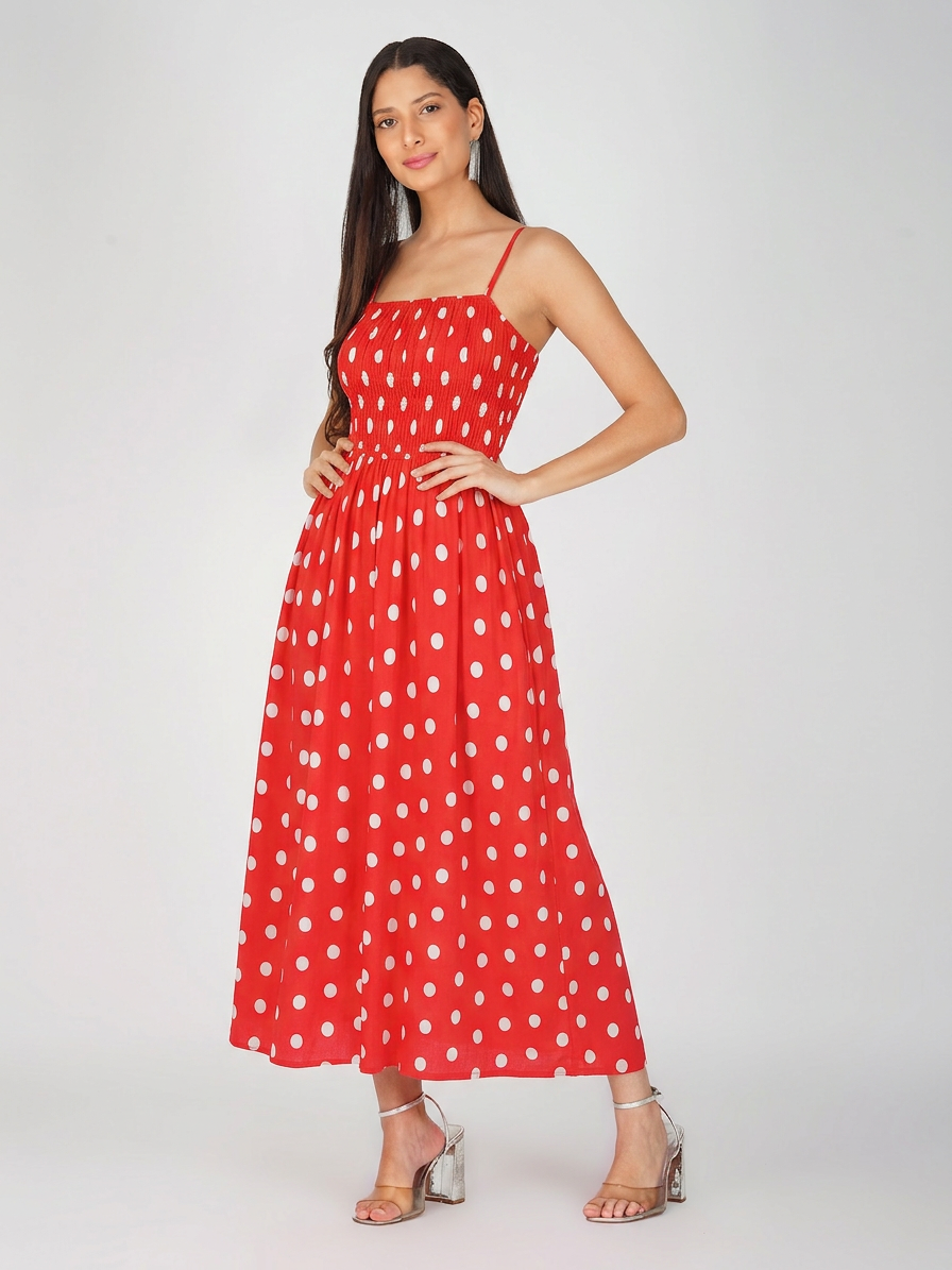 Classic Red Polka Dot Smocked Midi Dress