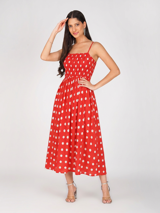 Classic Red Polka Dot Smocked Midi Dress