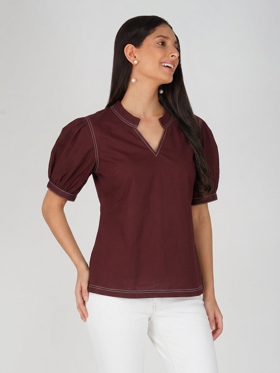 Brown Topstitch Detailing Top