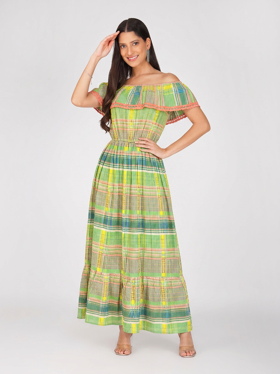 Off-Shoulder Plaid Maxi Dress