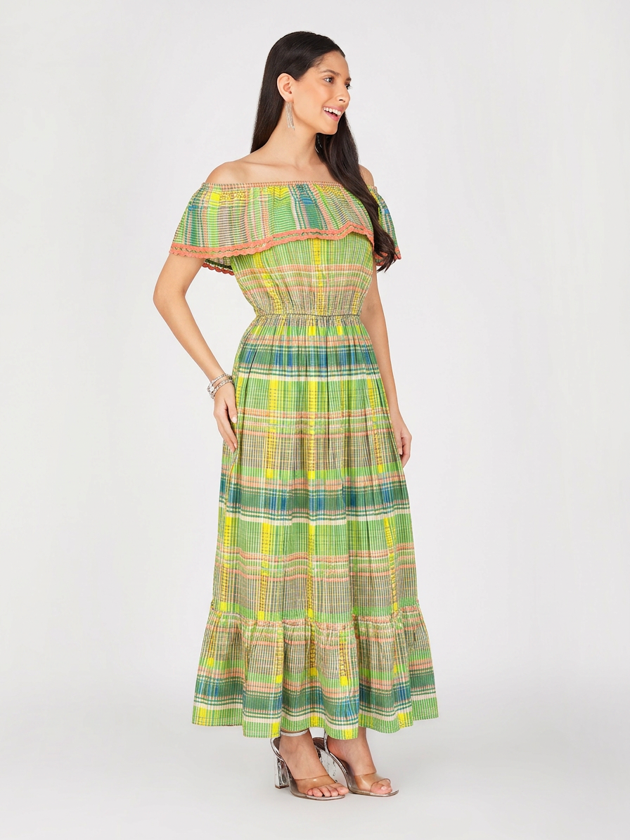 Off-Shoulder Plaid Maxi Dress