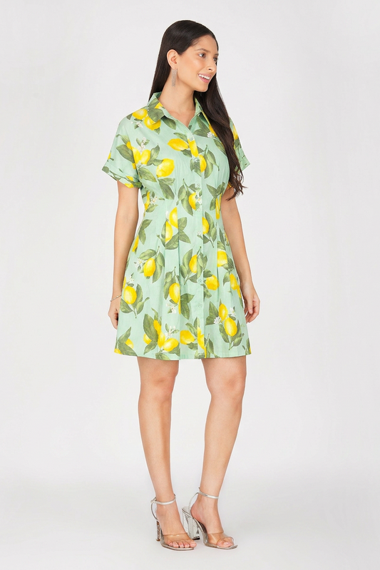 Woman wearing a green dress with lemon pattern on a white background