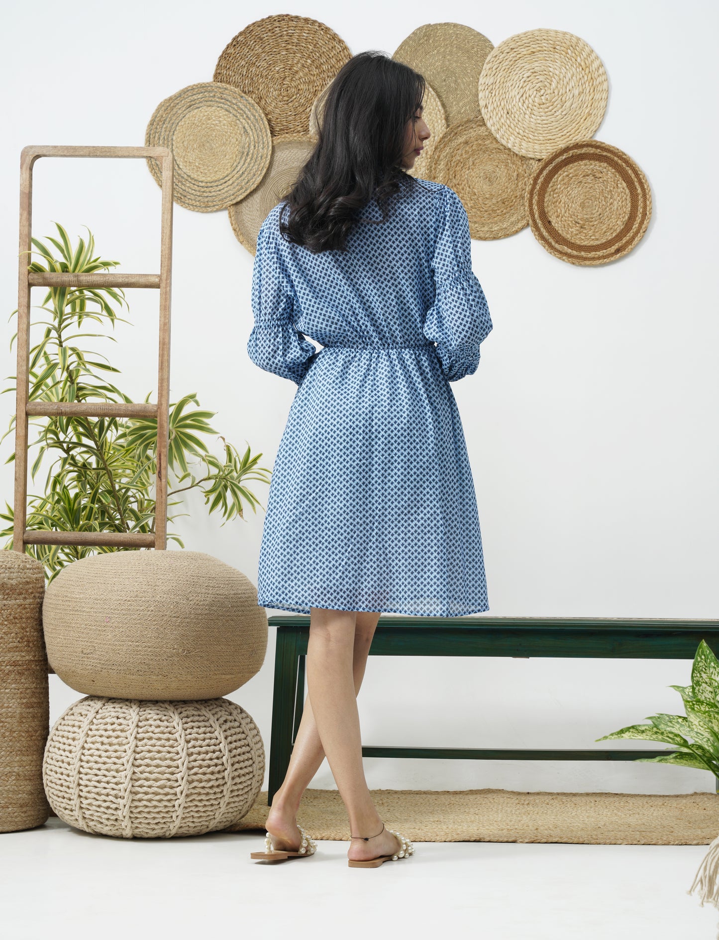 Blue motif neck tie dress