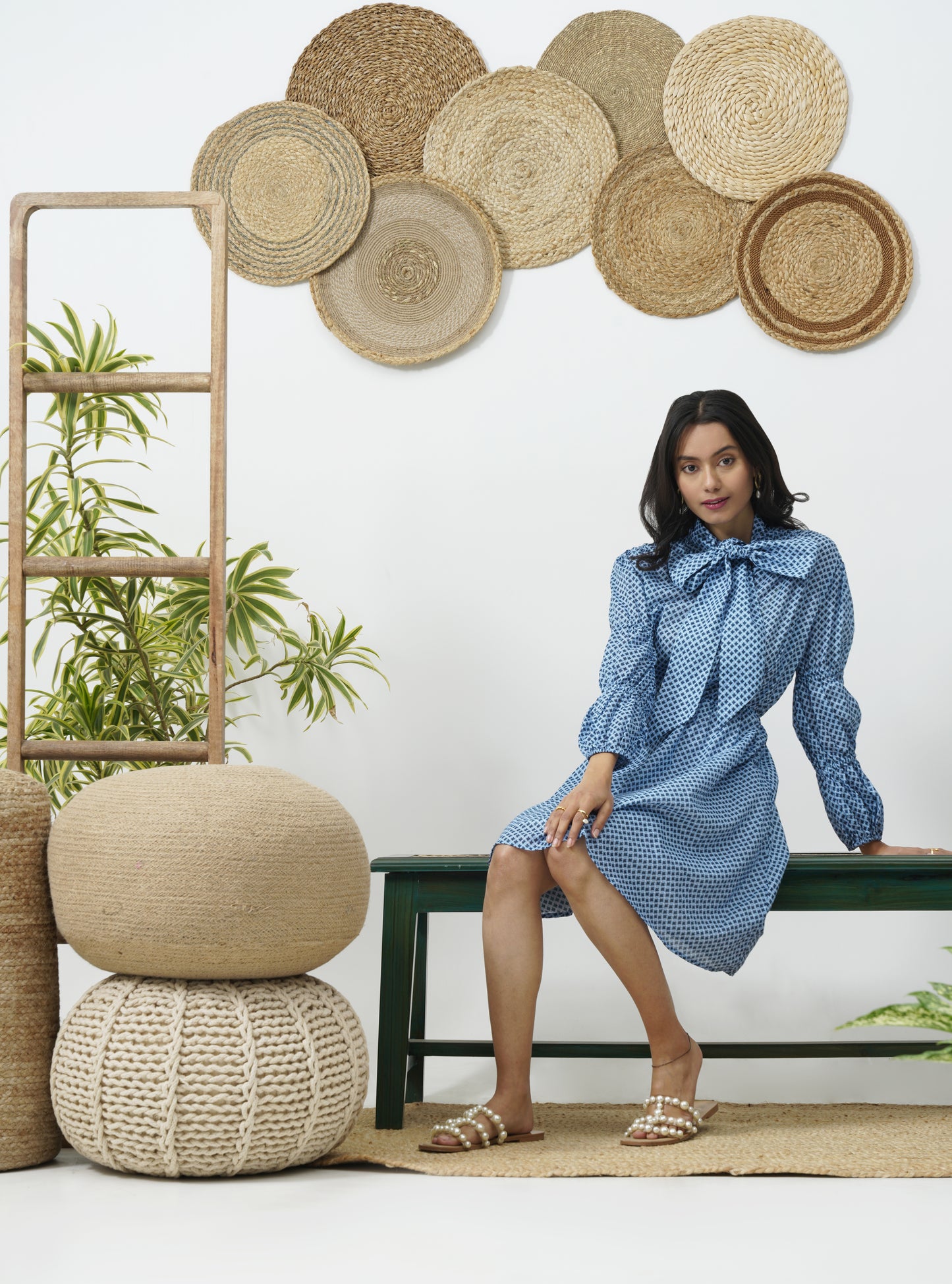 Blue motif neck tie dress