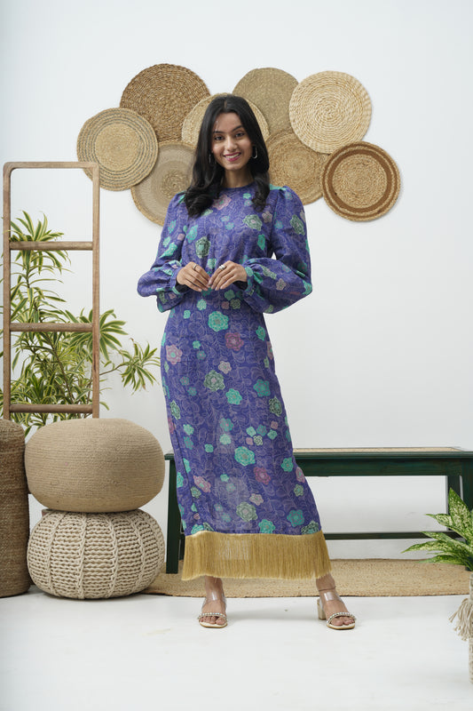 Crafted from a breathable Cotton-Linen blend.  Long Puff sleeves  Zip fastening along the back.  Features subtle waist cut outs.  Fringed hemline VACATIONS RESORTWEAR PARTY SUMMER DRESSES 