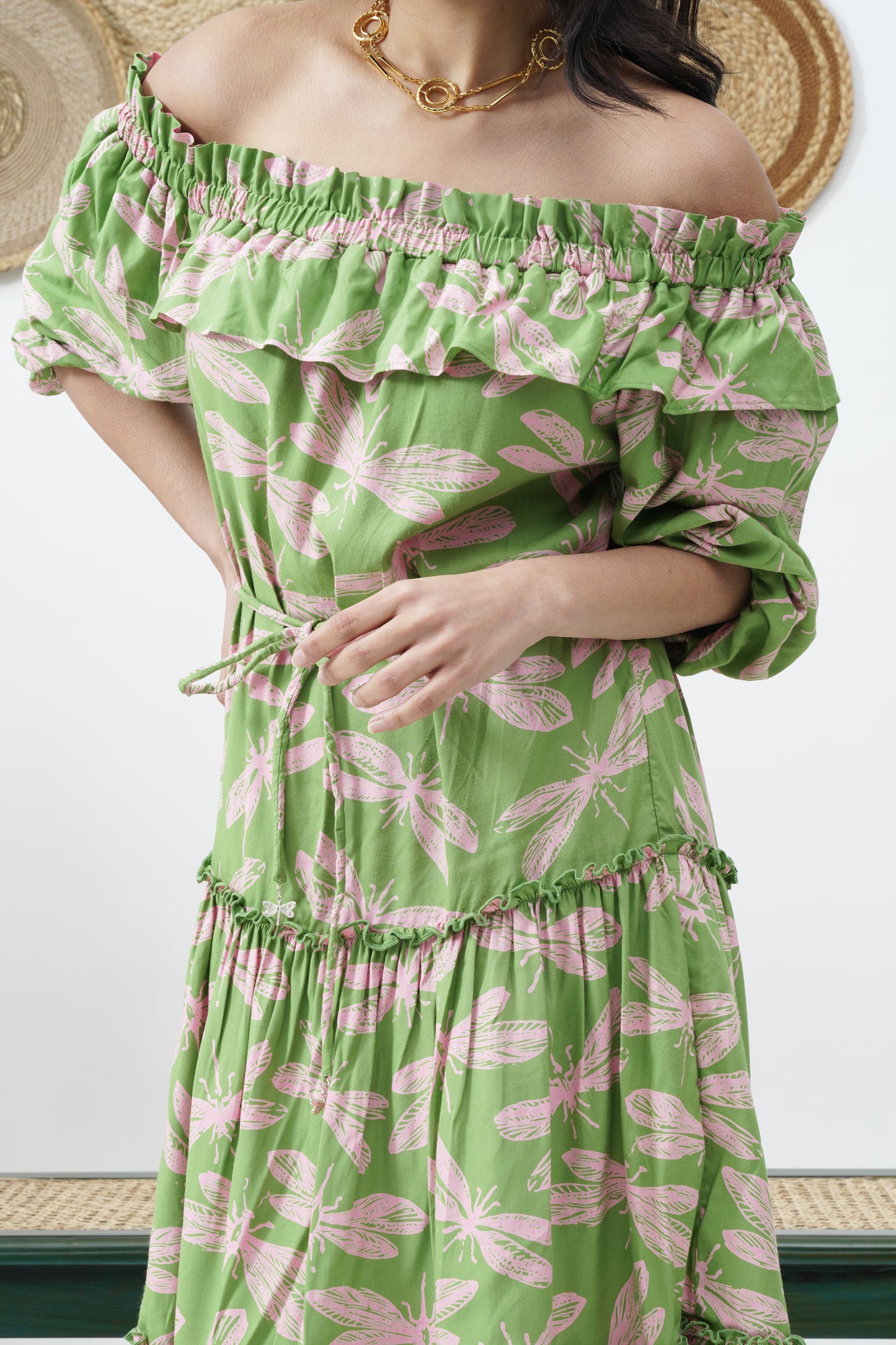 Dragonfly print off- shoulder dress