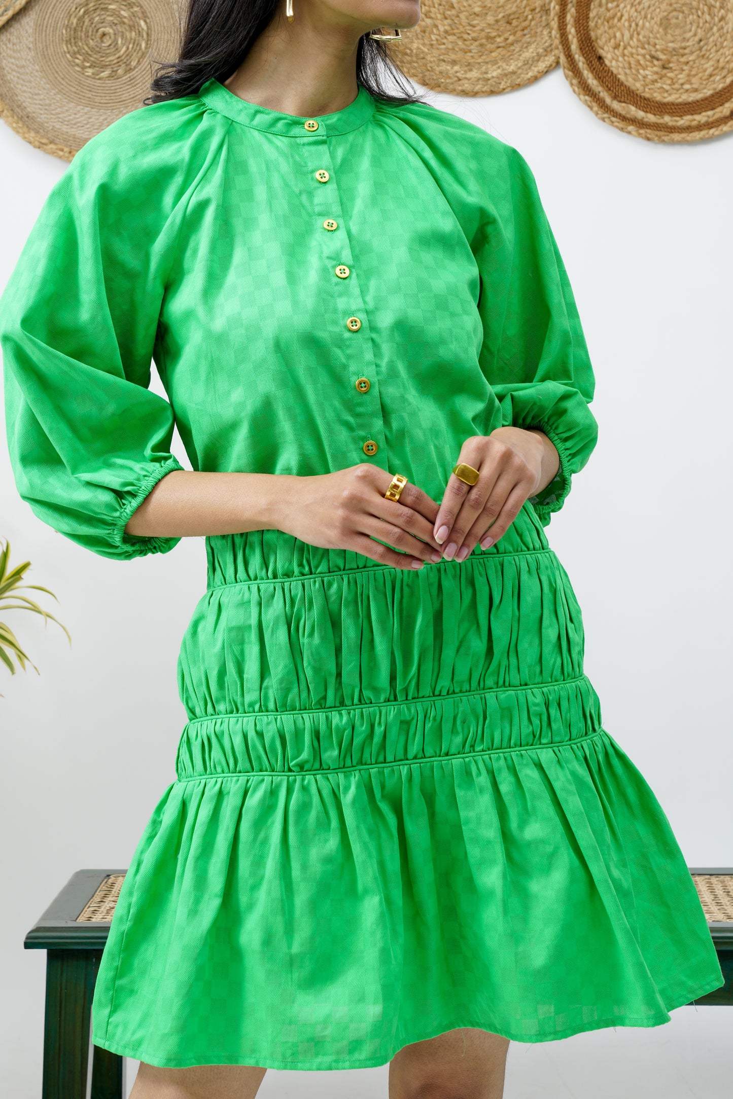 Shirred green cotton dress