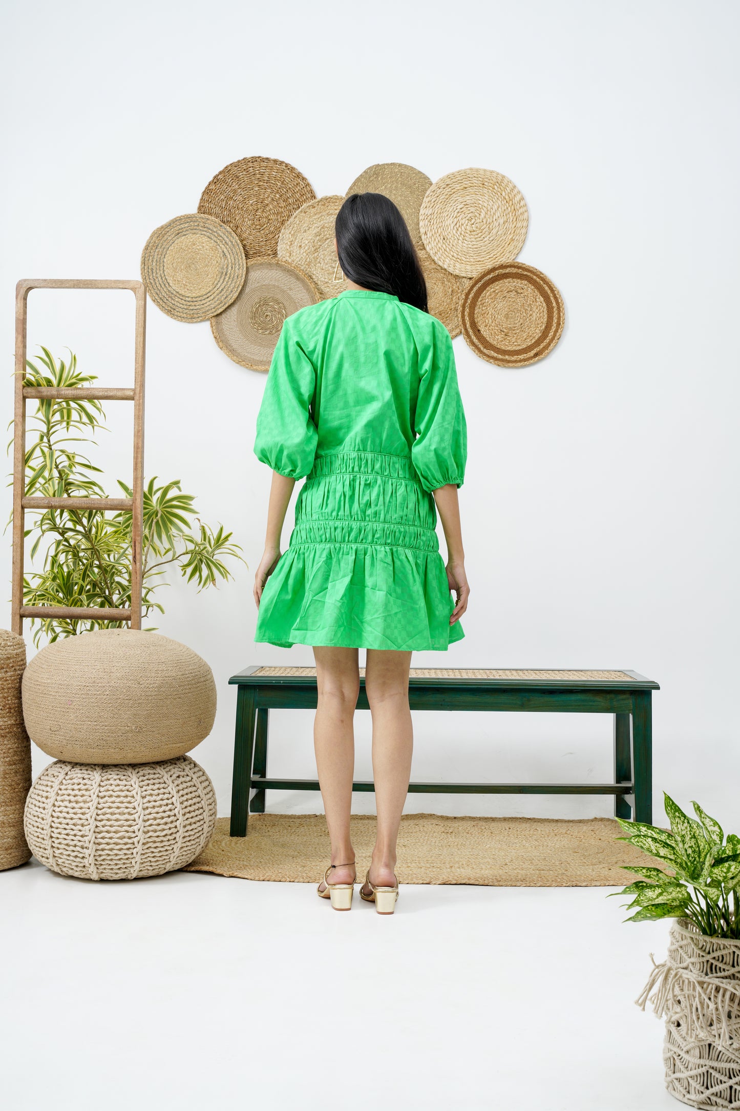 Shirred green cotton dress