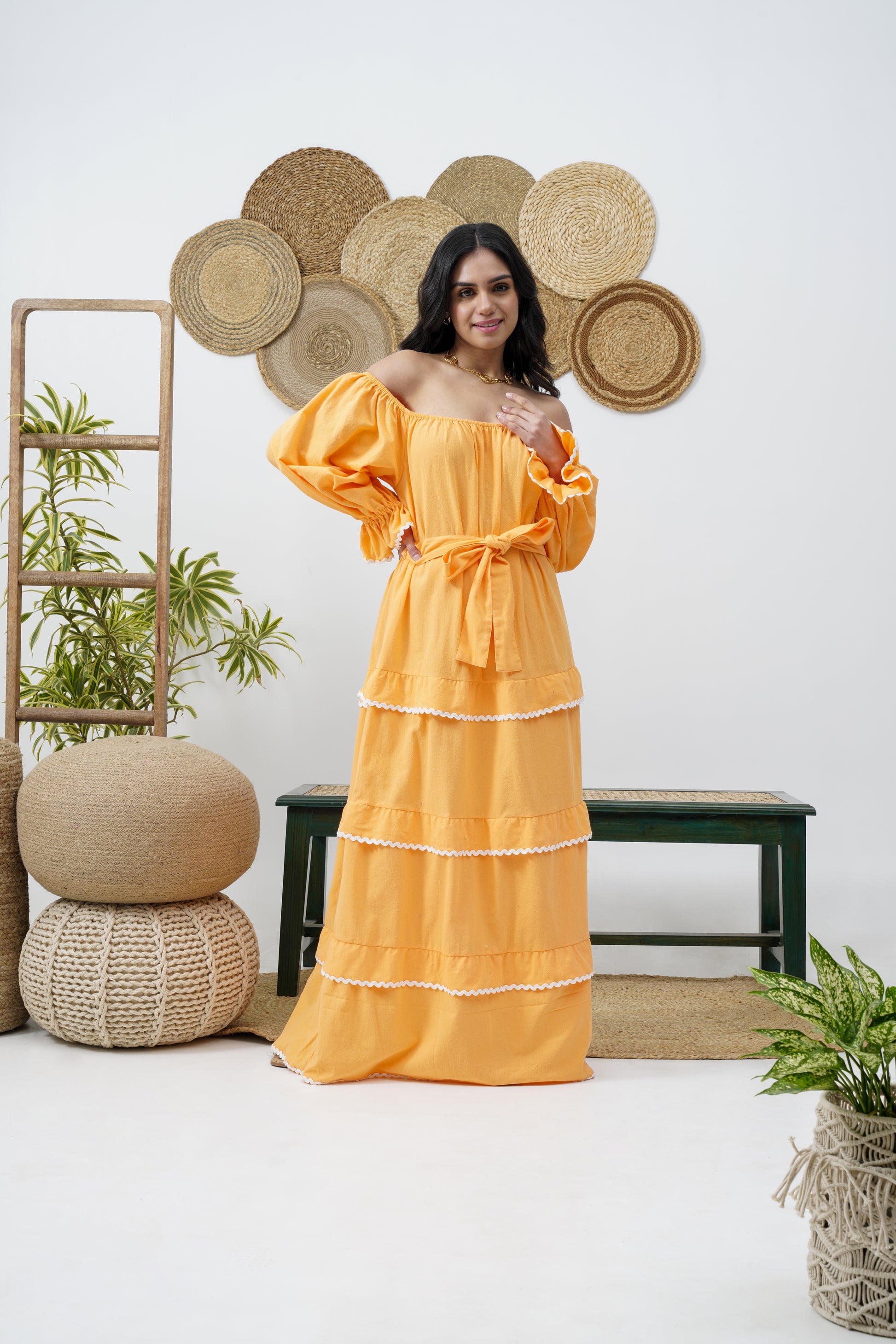 Features a gathered upper body & elasticated sleeve that can be worn on or off the shoulder.  Frilled layer skirt  Frills with contrast wavy lace detailing  Self covered broad belt   VACATIONS SUMMER DRESS RESORT WEAR COMFORTABLE
