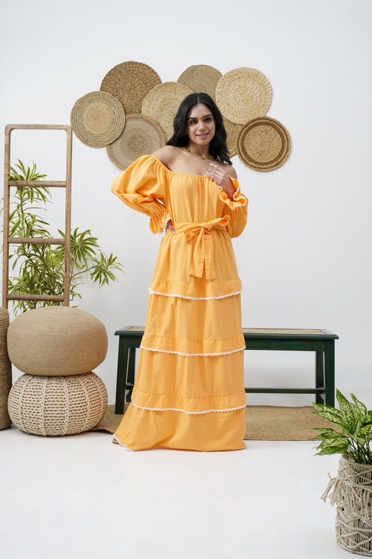 Features a gathered upper body & elasticated sleeve that can be worn on or off the shoulder.  Frilled layer skirt  Frills with contrast wavy lace detailing  Self covered broad belt   VACATIONS SUMMER DRESS RESORT WEAR COMFORTABLE