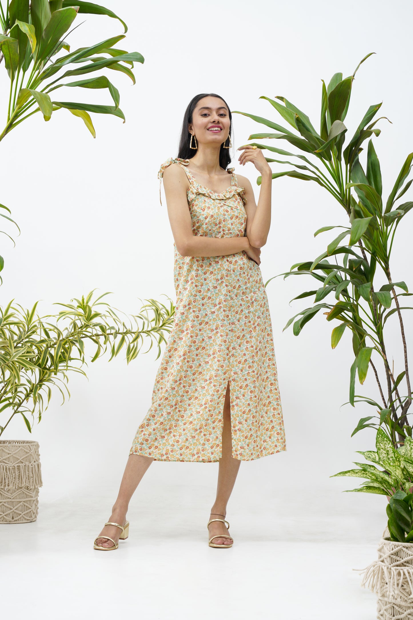 tie strap floral rayon dress with a slit in the front . ruffled neckline. summer dress comfortable