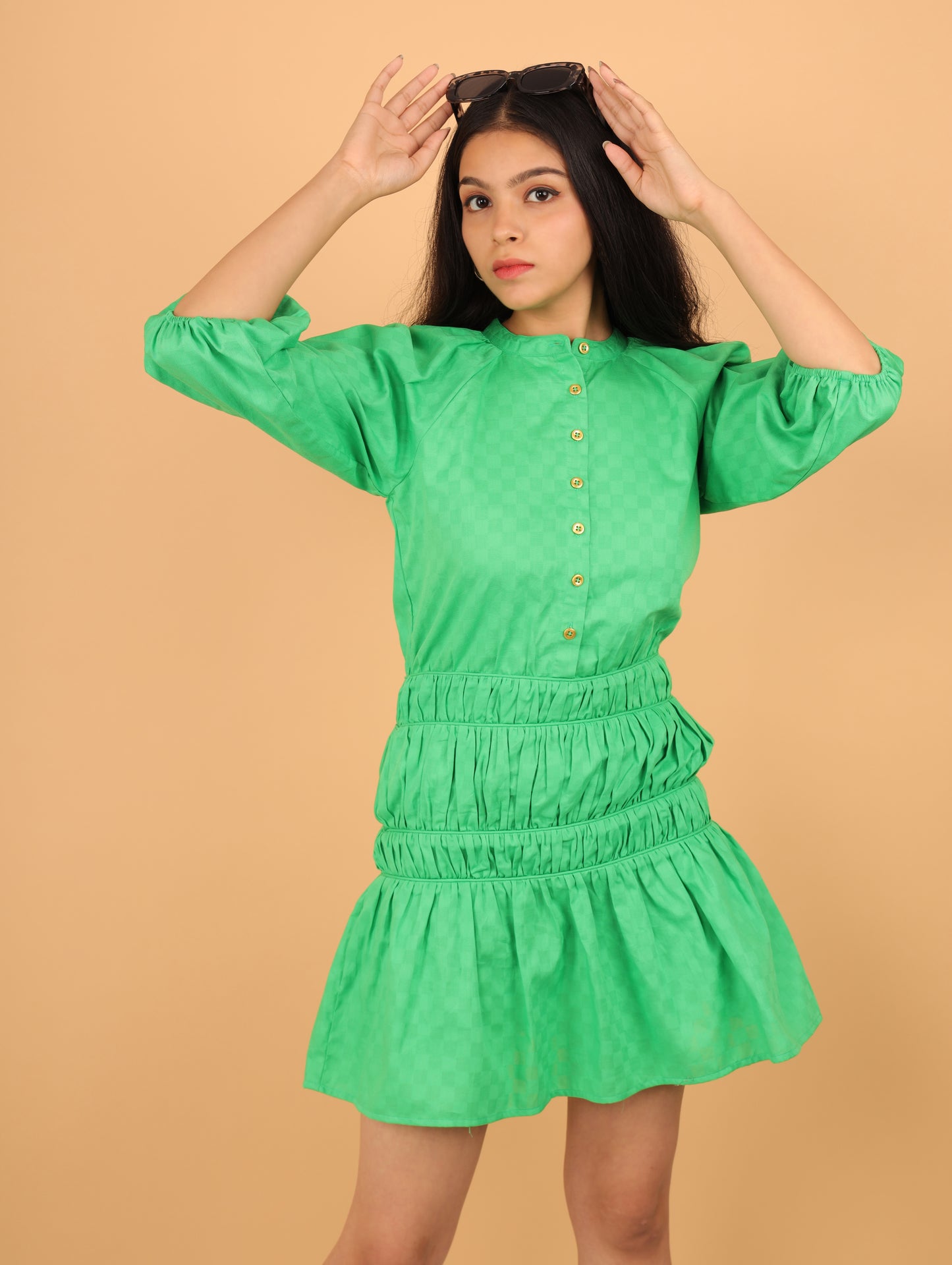 Shirred green cotton dress